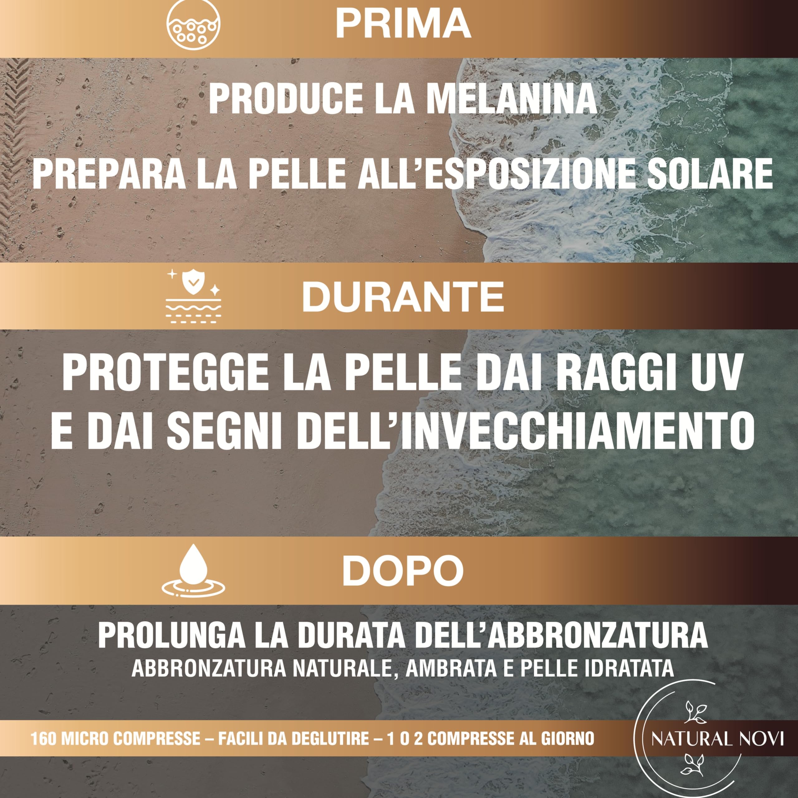 Integratore Abbronzatura NaturalBronze | 160 compresse | Betacarotene, Licopene, Rame, Selenio, Vitamine B, C, D, E | Attivatore Abbronzatura forte | Prepara accelera protegge e mantiene pelle dorata