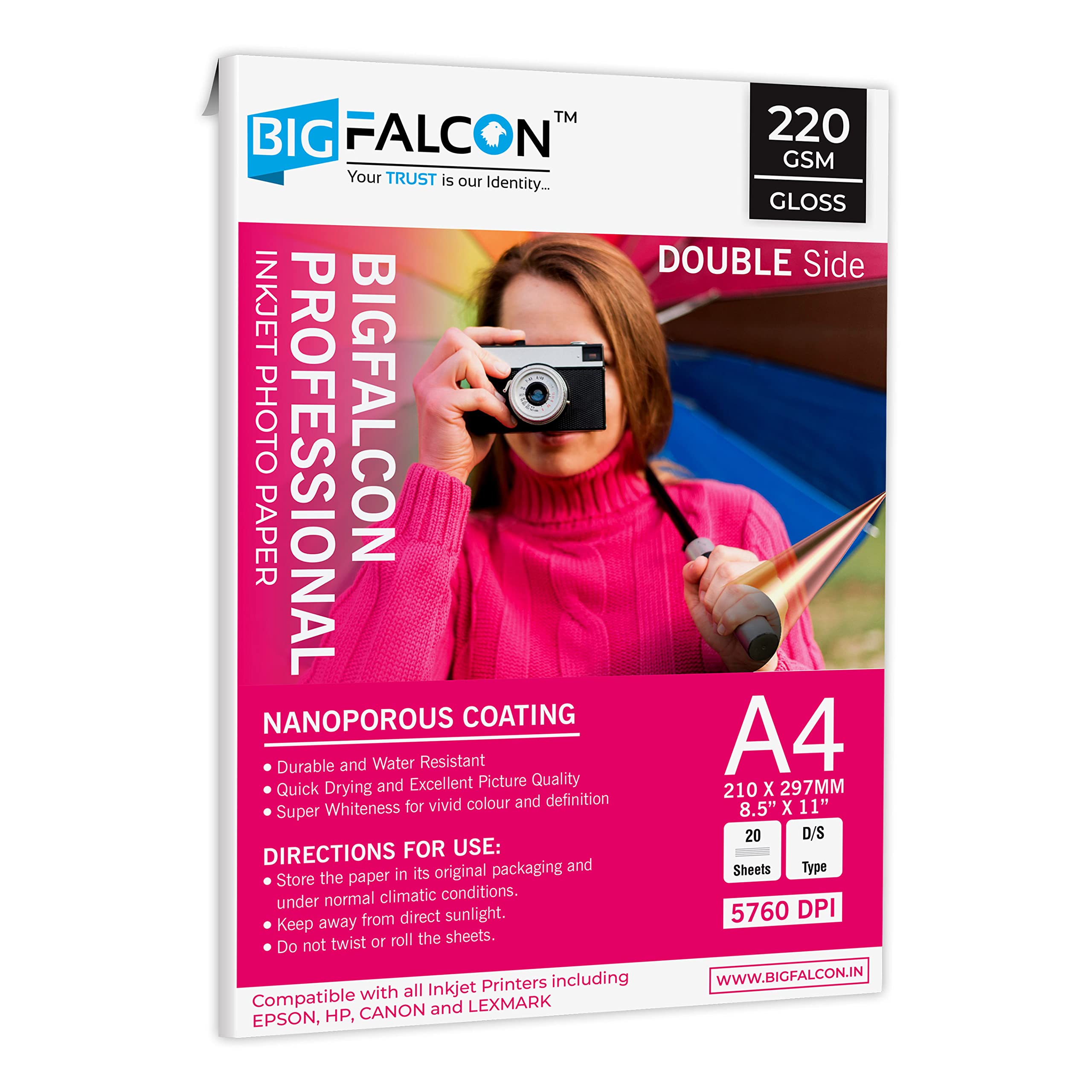 BIGFALCON Professional A4 (8.5x11 inch) 220 GSM Double Sided Glossy Inkjet Photo Paper Premium ...