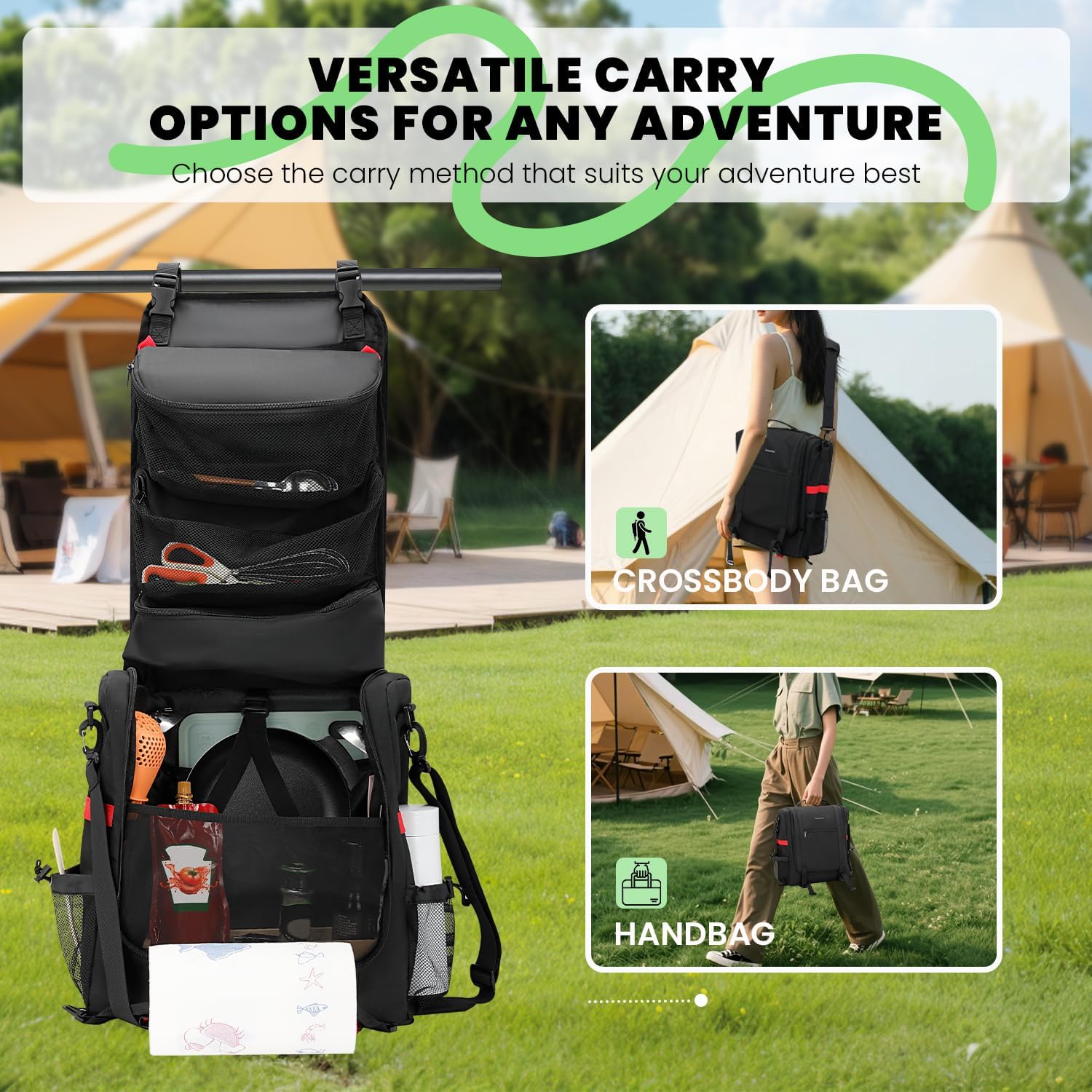 Camp Kitchen Organizer, Hanging Cooking Tools Storage Caddy Bag with Paper Towel Holder & Multi-Pockets, Portable Camping Utensils Kitchen Cookware Bag, Car Travel, Picnic, BBQ Essentials Camping Gift