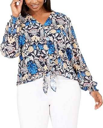 I-N-C Womens Tie Front Button Up Shirt, Blue, Plus Size, 3X