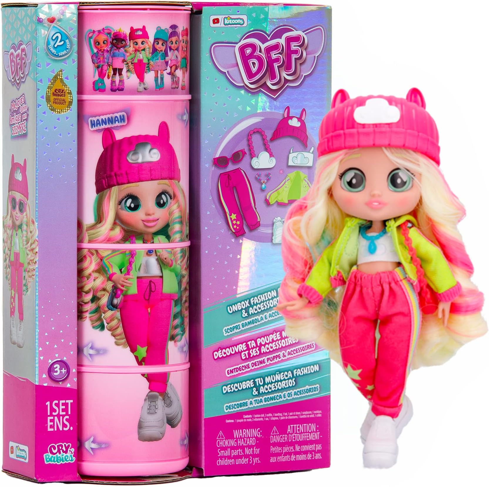 BFF by Cry Babies S2 Hannah Collectible fashion Doll with long Hair, fabric Clothes & 10 Accessories - Toy Gift for Girls and Boys +5 Years
