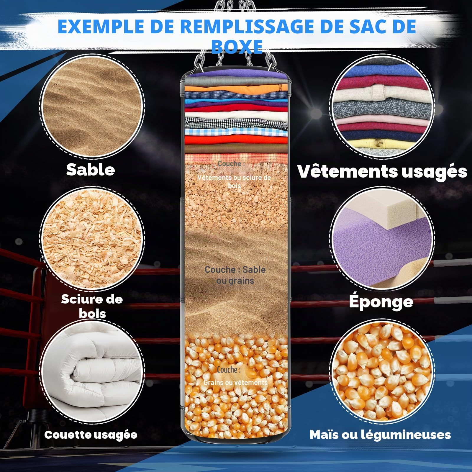 Sac de Frappe Adultes Ninonly 120CM Lourd Sac de Boxe avec Gants de Boxe Appareil de renforcement de la Force de préhension Corde à Sauter pour Kickboxing MMA Muay Thai-Non Rempli