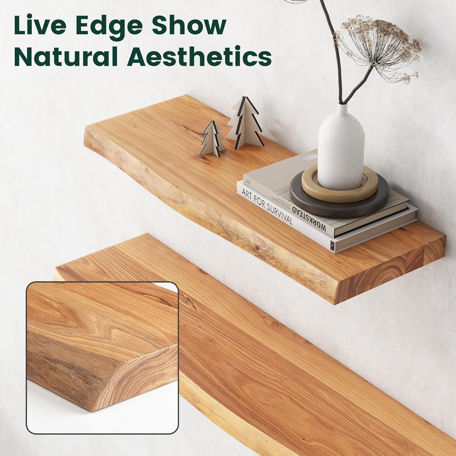 72 Inch Live Edge Floating Shelves, 8 Inch Deep Solid Elm Wood Wall Shelf, Heavy-Duty Wall Mounted Shelf with Invisible Brackets for Living Room, Bathroom, Kitchen, Set of 1, Natural Color