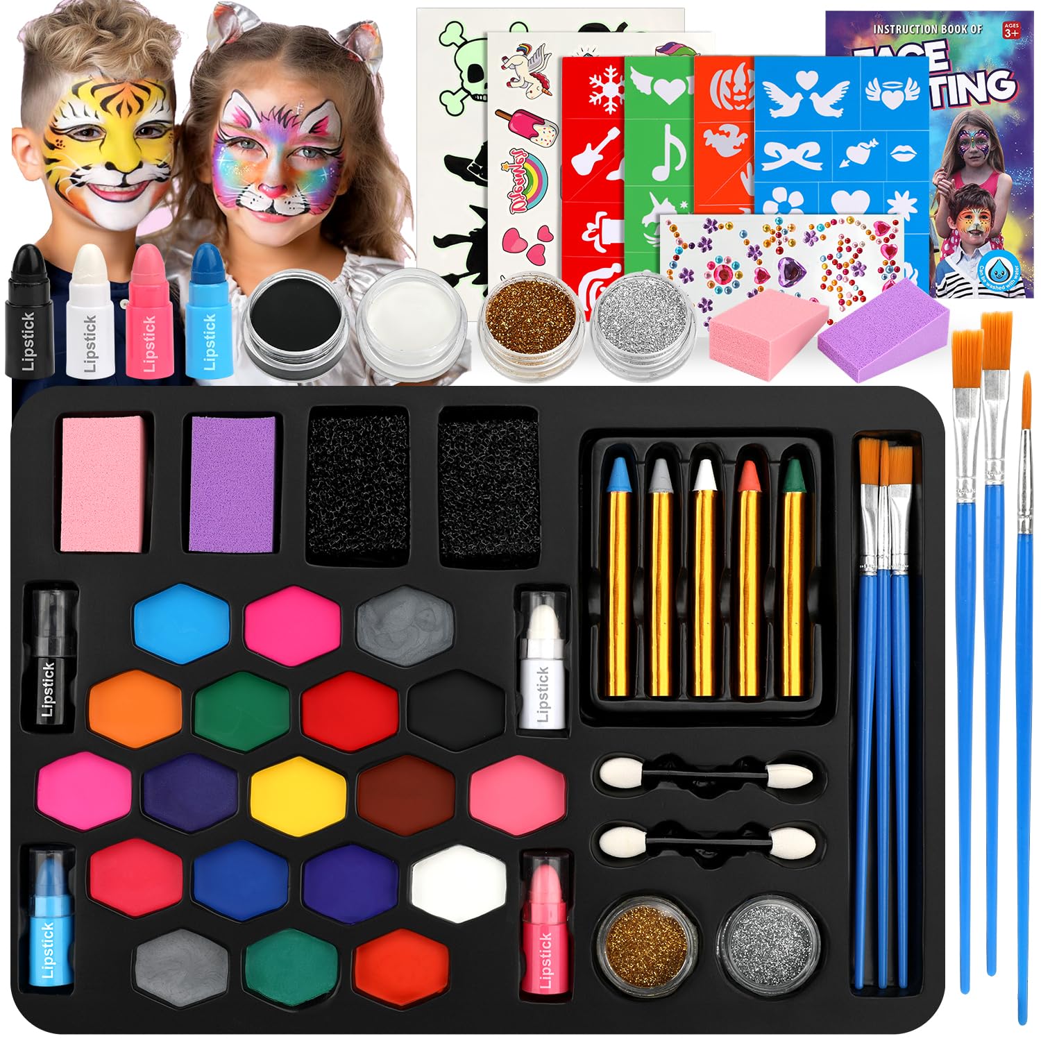 Set De Pintacaras Infantil – 20 Colores Hipoalergénicos Con Pinceles, Plantillas Y Purpurina, Fácil De Limpiar, Ideal Para Halloween, Carnaval Y Fiestas Infantiles