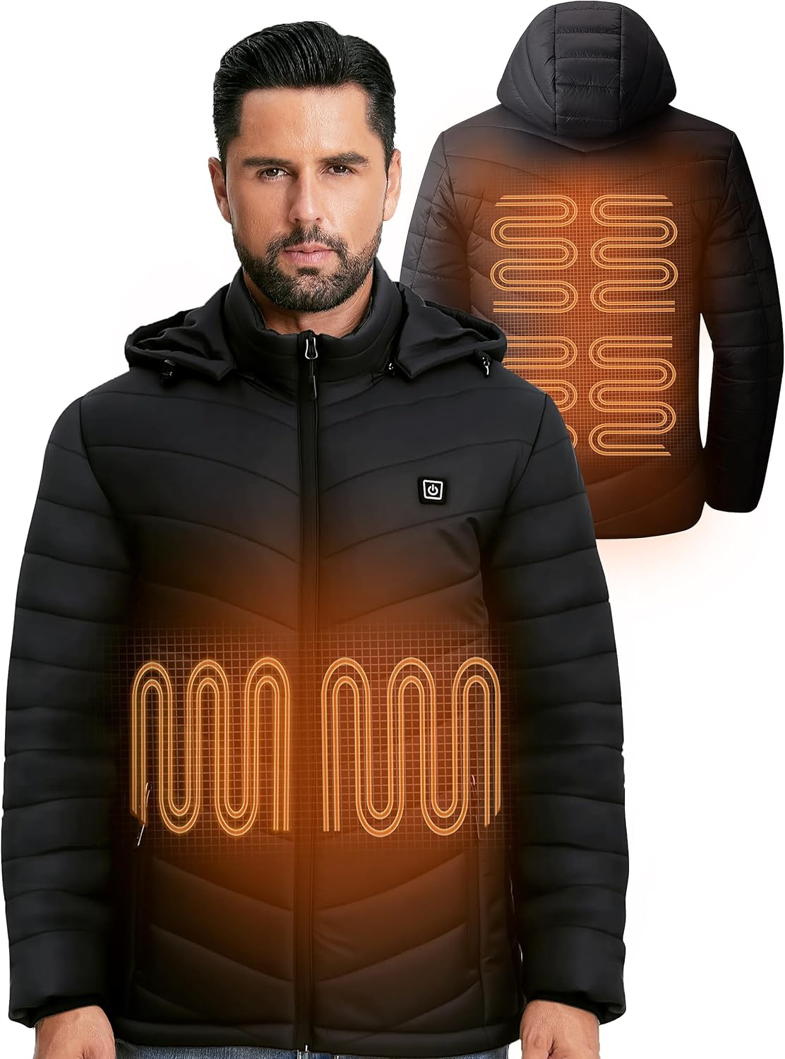 YHQ Heated Jackets for Men with 12V 20000mAh Battery Pack, 6 Heating Zones, Men's Heated Jacket Ideal for Winter Cycling, Skiing, Camping and Fishing S Black