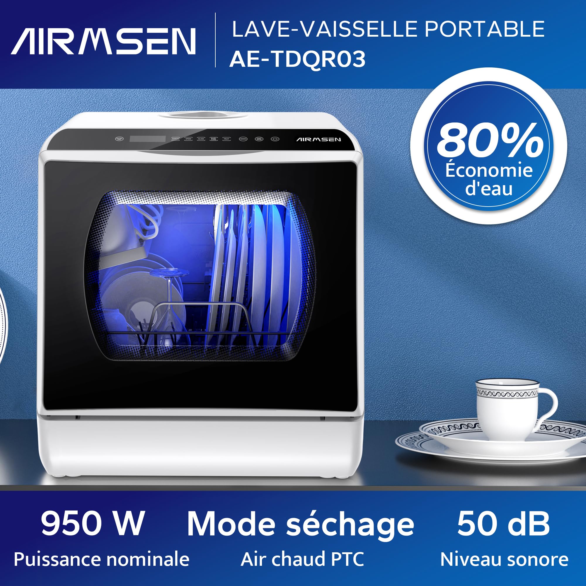 AIRMSEN Mini Lave-Vaisselle de Comptoir, 5+1 Programmes, Réservoir 5L, Contrôle Tactile, Écran LED, Blanc et Noir