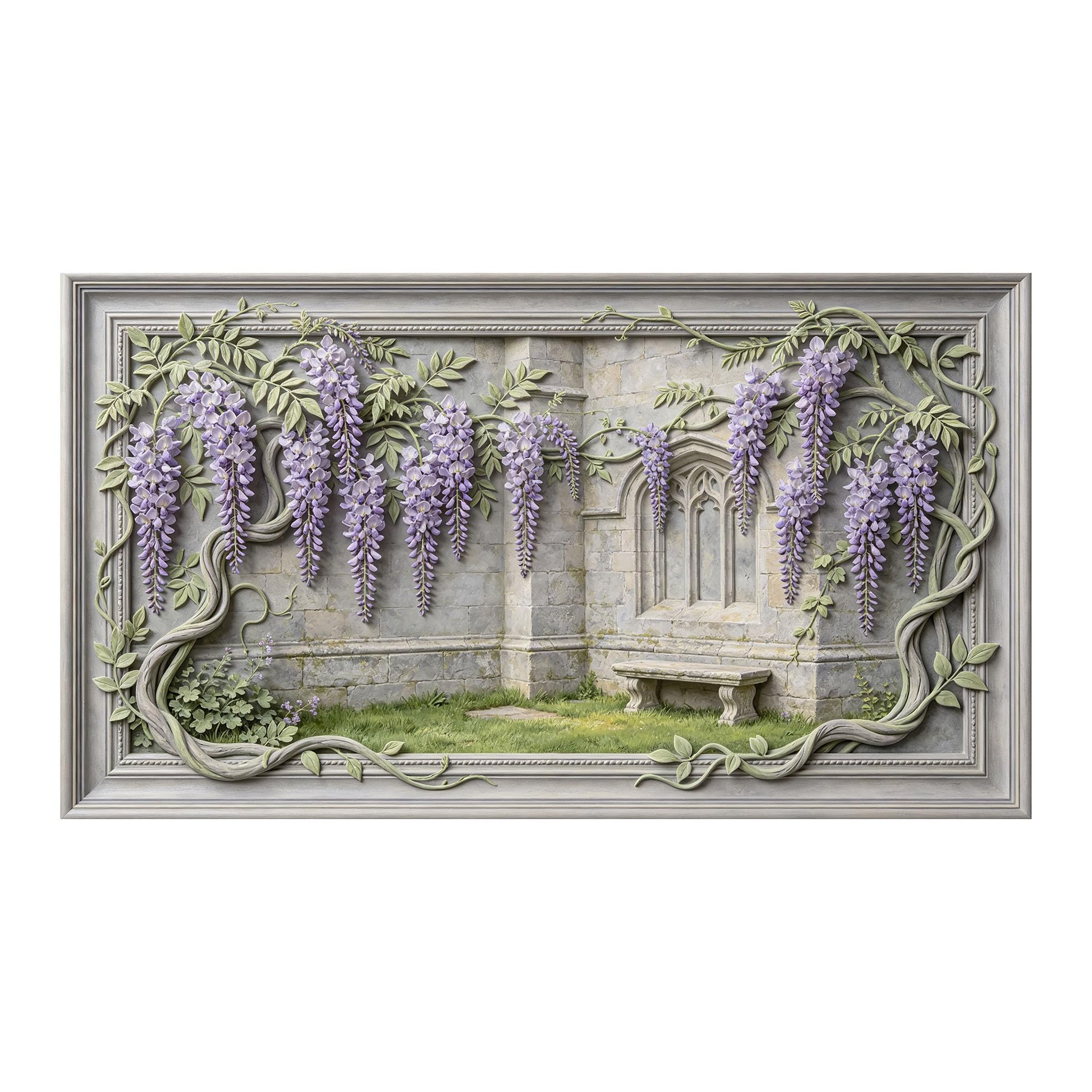 Murasolite 3D Framed Wall Art Wisteria Garden European Classic Relief Effect SelfAdhesive Fabric Mural Wall Decor， Peel and Stick No Damage to Wall， AntiFall Safe Design for Bedroom Living Room