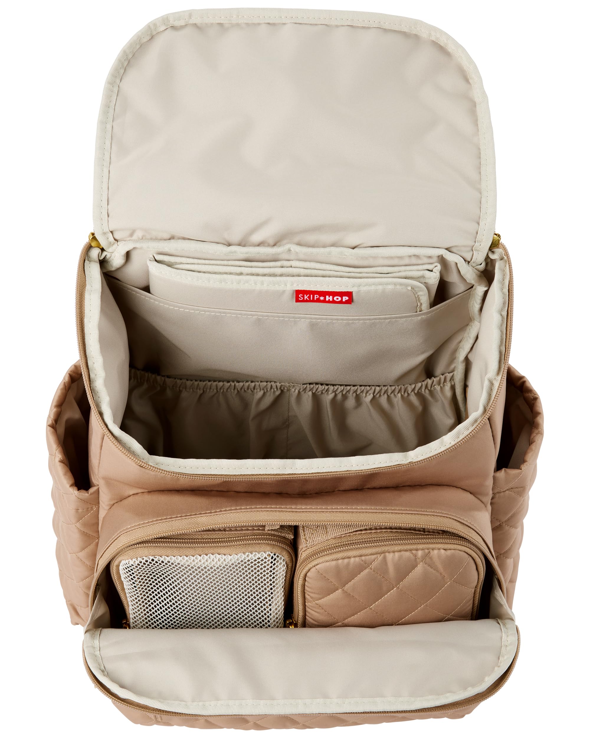 Skip Hop Forma Sac à dos à langer – Camel | Sac léger pour bébé avec matelas à langer, porte-biberons isothermes et sangles de poussette | Sac à dos de voyage multi-poches pour mamans et papas