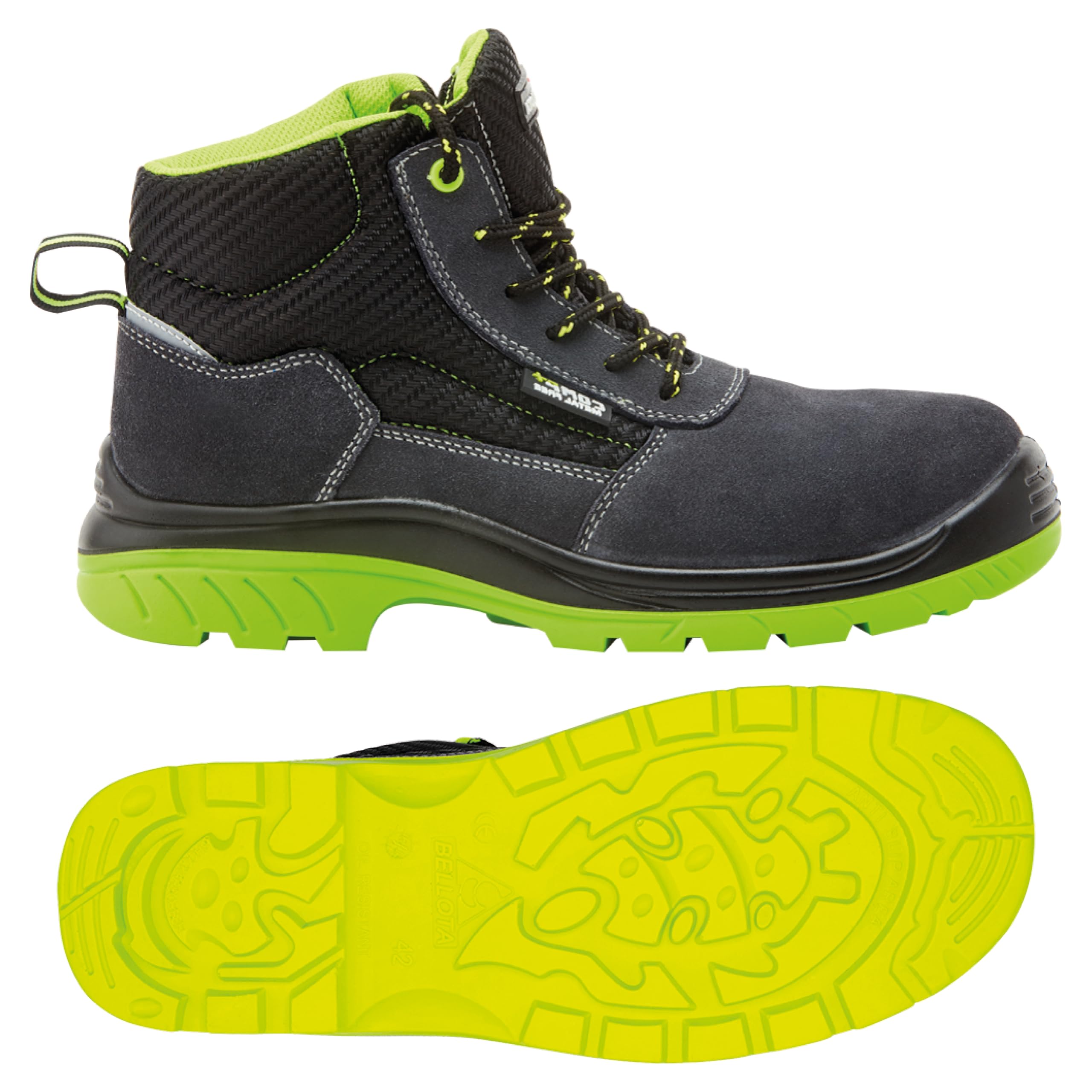 Bellota 72309S1P Bota de Seguridad Piel Serraje Transpirable Resistente Golpes Rozaduras Negro Verde