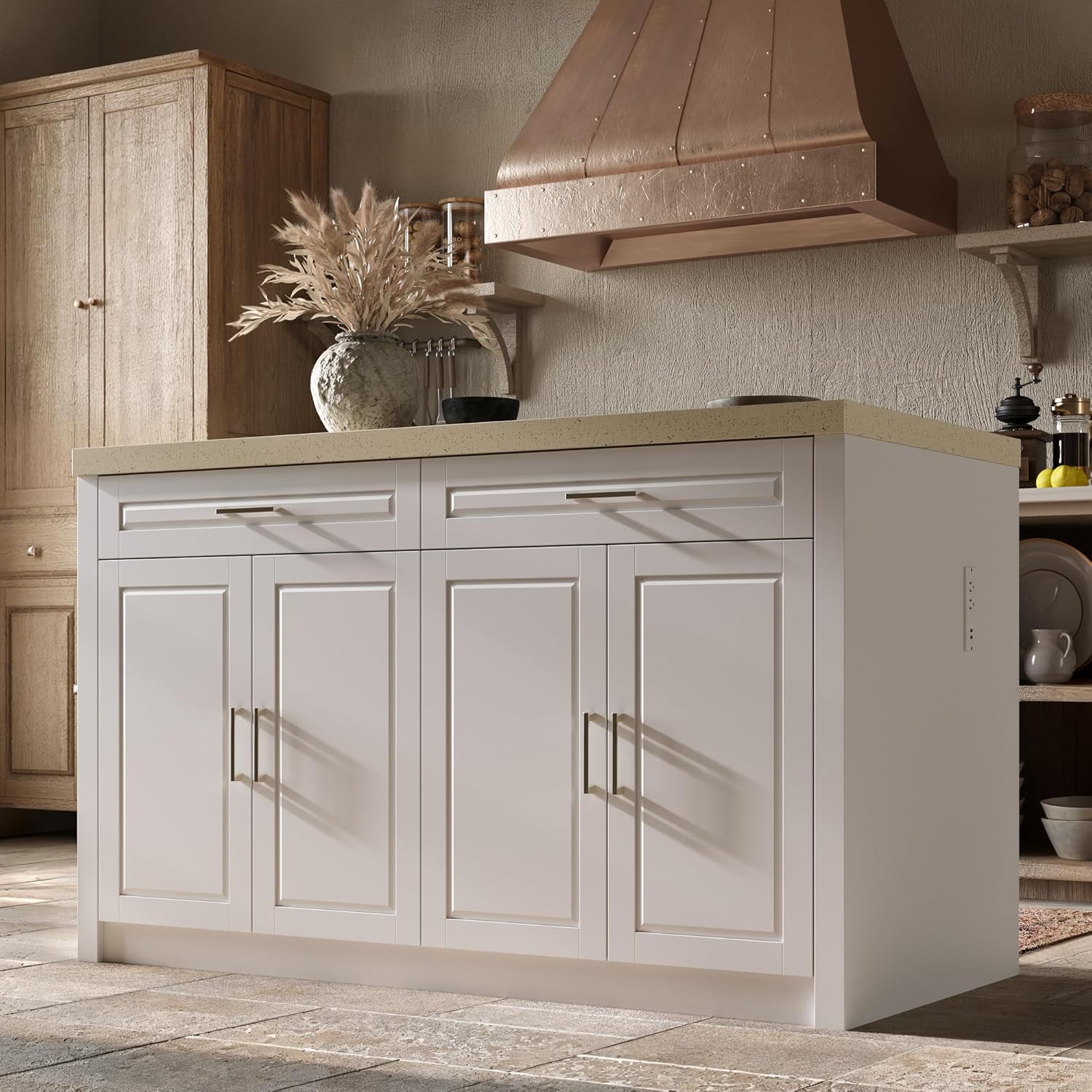 Homsee 61" W Large Kitchen Island with Charging Station, 2 Drawers and Adjustable Shelves, Modern Stationary Kitchen Prep Table Coffee Bar Cabinet for Dining Room, White