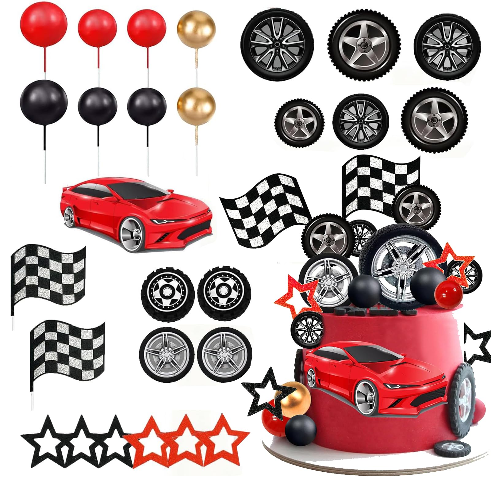 Racing Car Cake Toppers, Cars Themed Birthday Decorations for Men Cupcake Insert Topper for Boys Baby Shower Wedding Anniversary Party