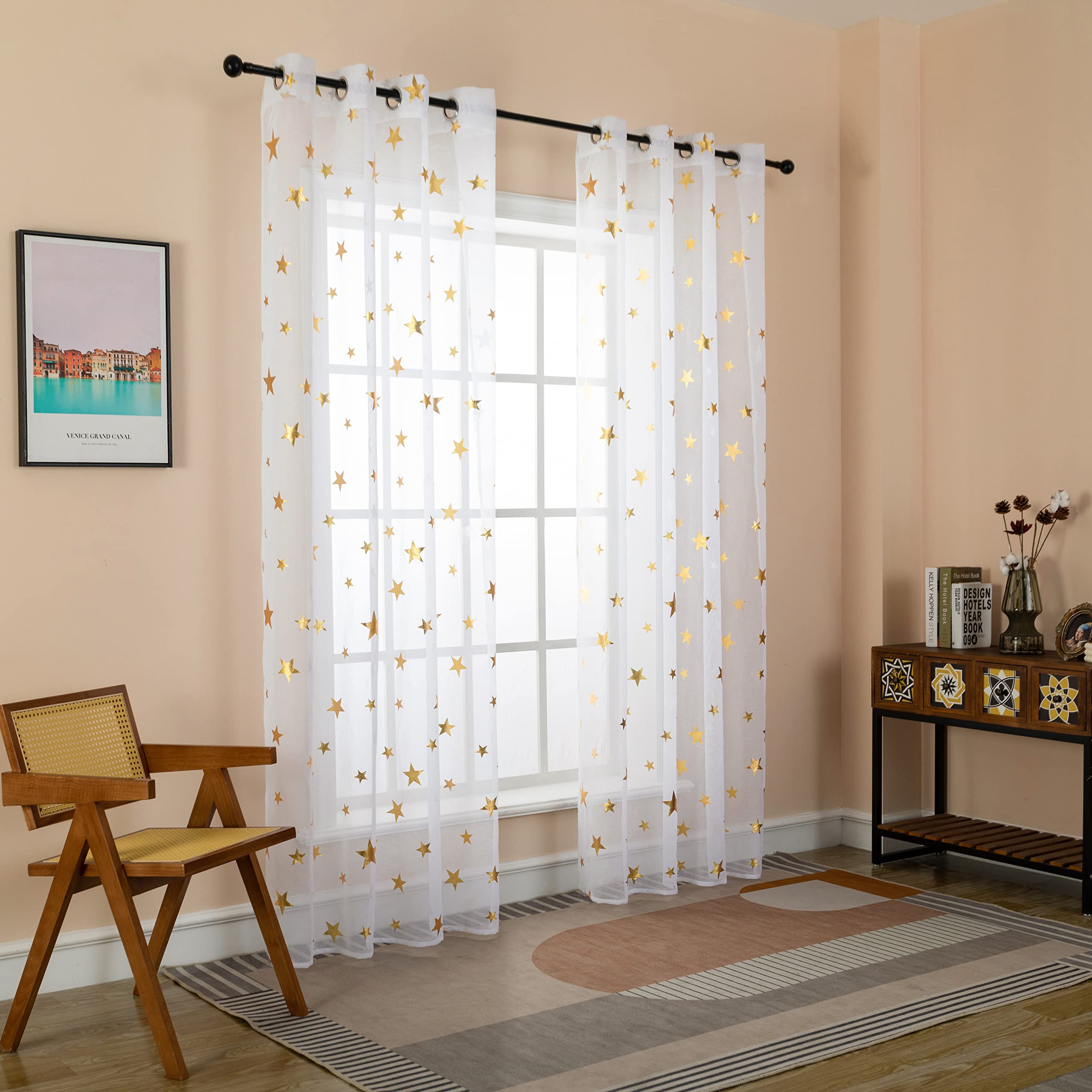 GIRASOLE HOME® Pair of Filtering Voile Curtains Golden Stars White Curtain for Indoor with Eyelets 2 Panels (Gold Stars, 140x290 cm)