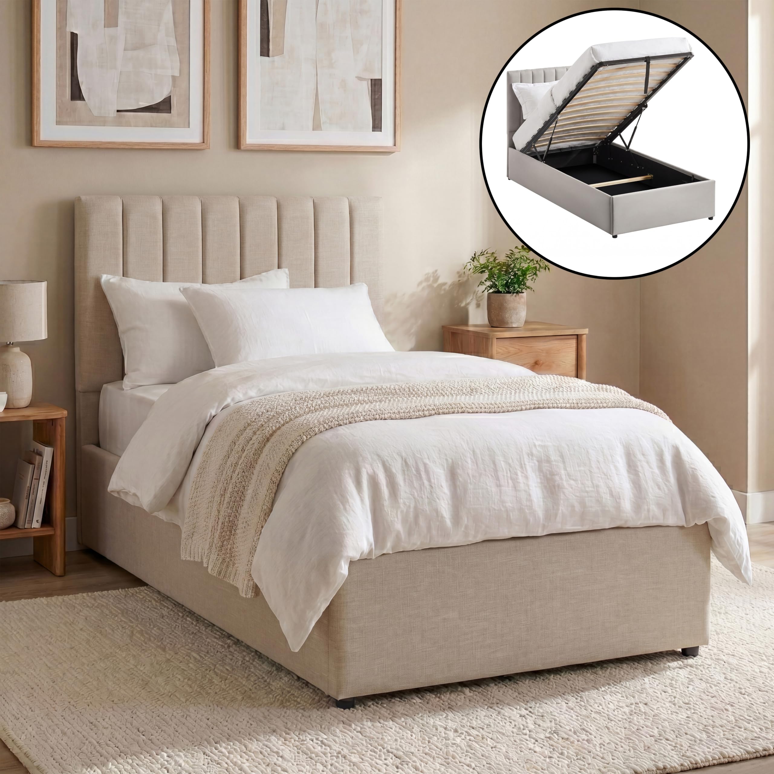 Vida Designs Vellaro Single Ottoman Fabric Bed Frame | Beige Linen | 103H x 100W x 200.5D cm (3ft) | Hydraulic Gas-Lift | Lift Up Storage | Slatted Base | Minimalist Furniture