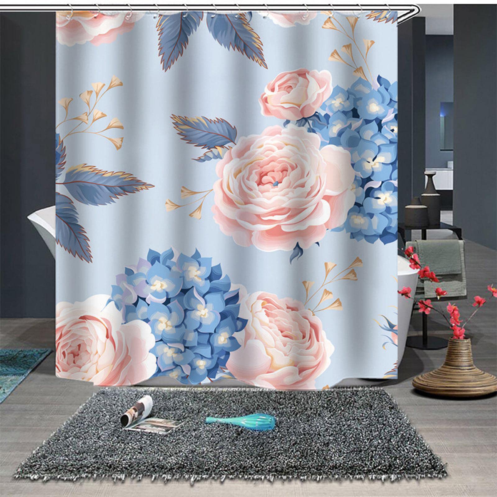 Tenda Da Doccia Con Fiori E Farfalle – Impermeabile, Set Con Ganci - 3