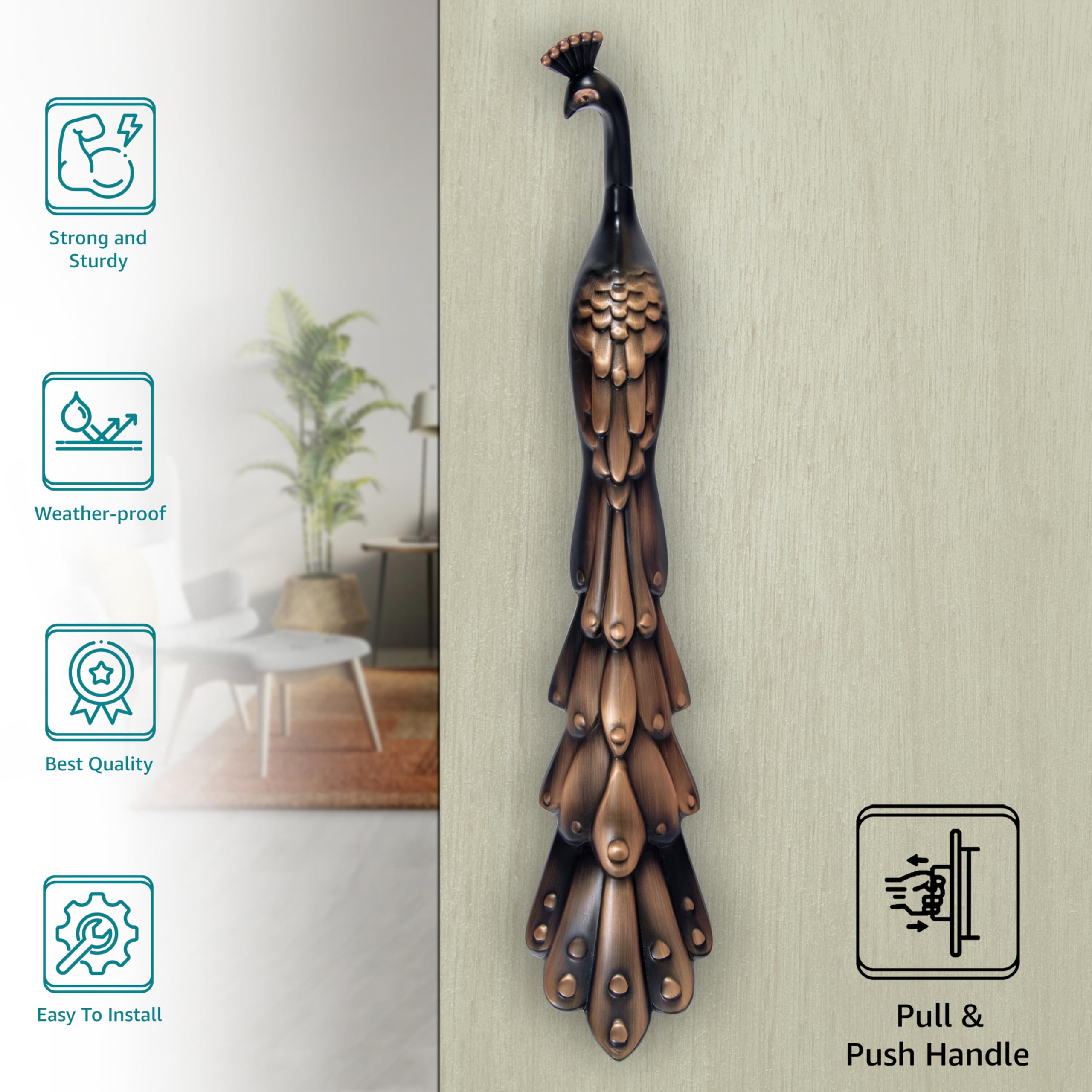 Plantex Peacock Door Handle For Main Door/16-Inches Main Door Handle/Push Handle For Glass/Wooden Door Of Home/Hotel/Office - Pack Of 1 (Rich Copper Antique) — Amazon image 2