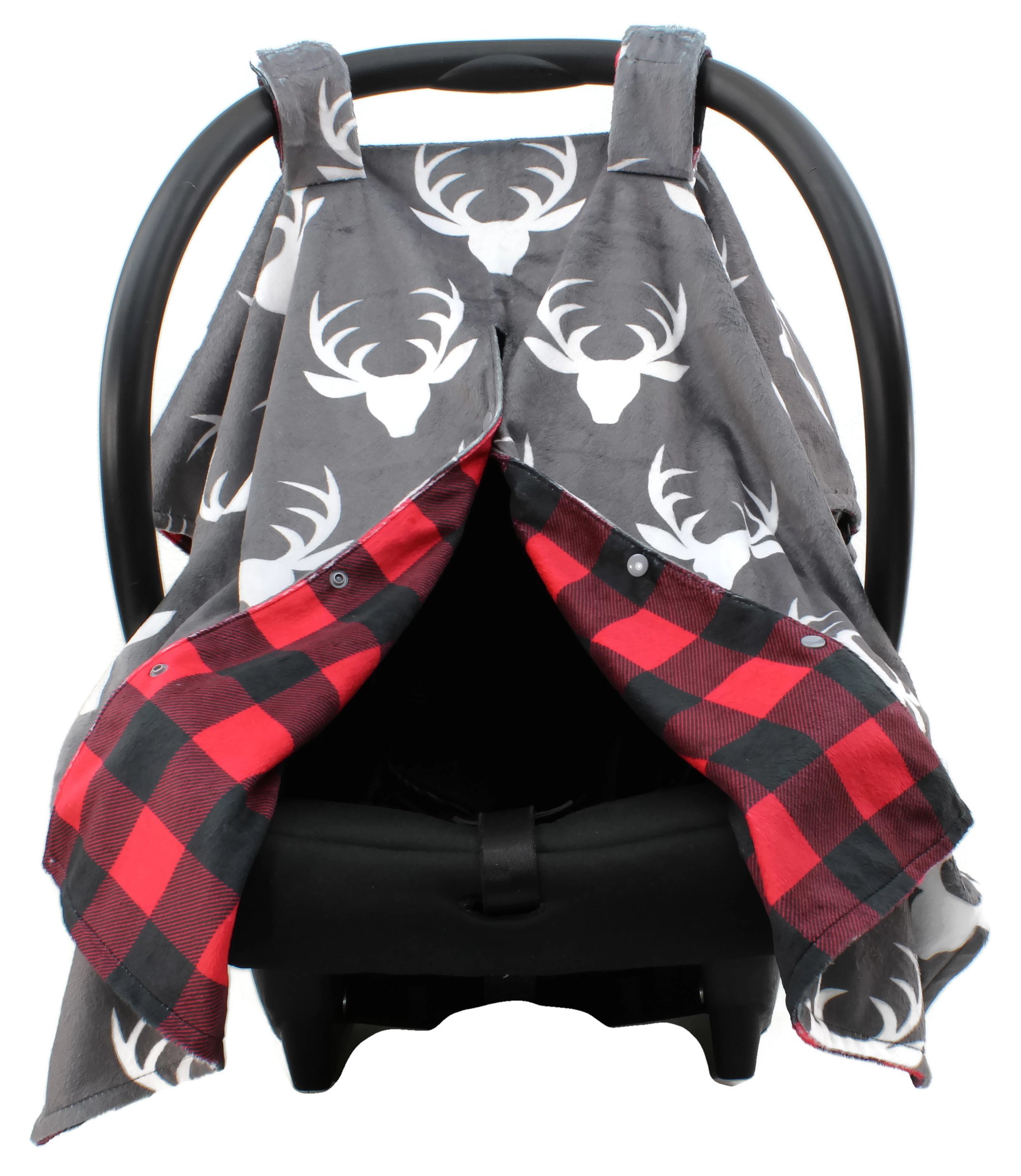 Dear Baby Gear Deluxe Car Seat Canopy, Custom Minky Print Plaid White Antlers, Red and Black Buffalo Plaid Minky
