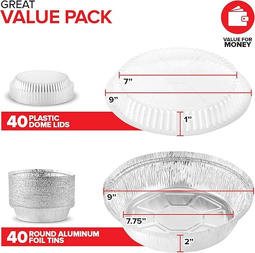 Miniatura 2 de Stock Your Home Sartenes redondos de papel de aluminio de 9 pulgadas con tapas (paquete de 40) latas para tartas desechables de 9 pulgadas con tapa,