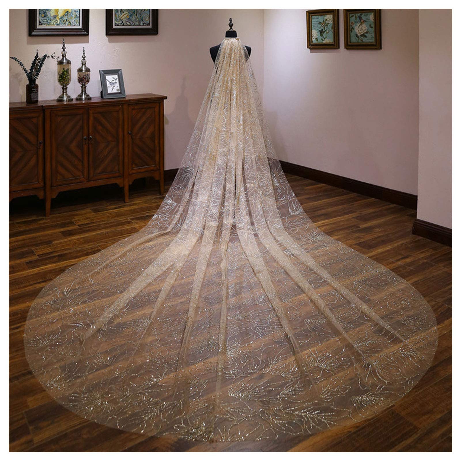 Velo da sposa lungo con paillettes di cristallo, lunghezza del bordo in pizzo, morbido tulle sovrapposto per feste serali, balli, opera, banchetti e occasioni speciali (bianco 3,5 * 3 m (oro 5 * 3 m
