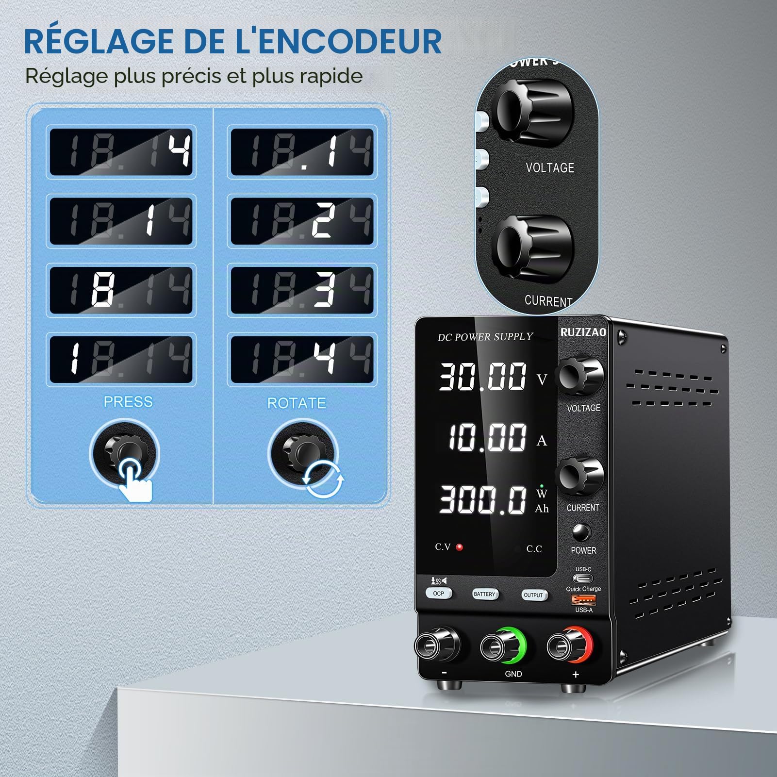 Alimentation Rechargeable 30V 10A 300W, Compatible avec le Chargement de Batteries Automobiles, adaptée au Chargement de Batteries au plomb-acide de Lithium-ion de 2V à 28V