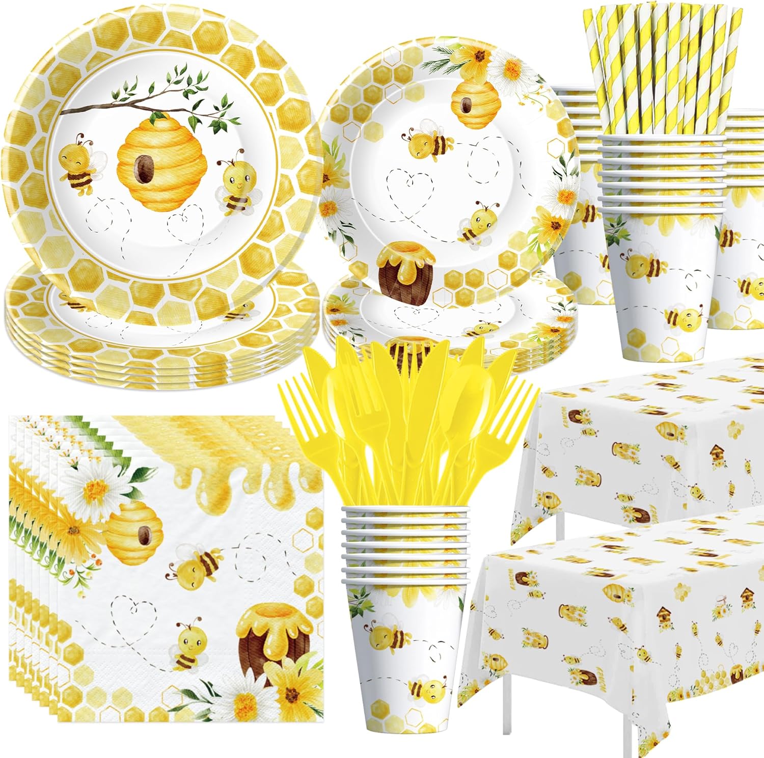 Bee Baby Shower Decorations Tableware - Bee Birthday Party Supplies, Paper Plate, Cup, Napkin, Tablecloth, Cutlery, Straw, Bumble Theme Day Party Decorations Dinnerware | Serves 24