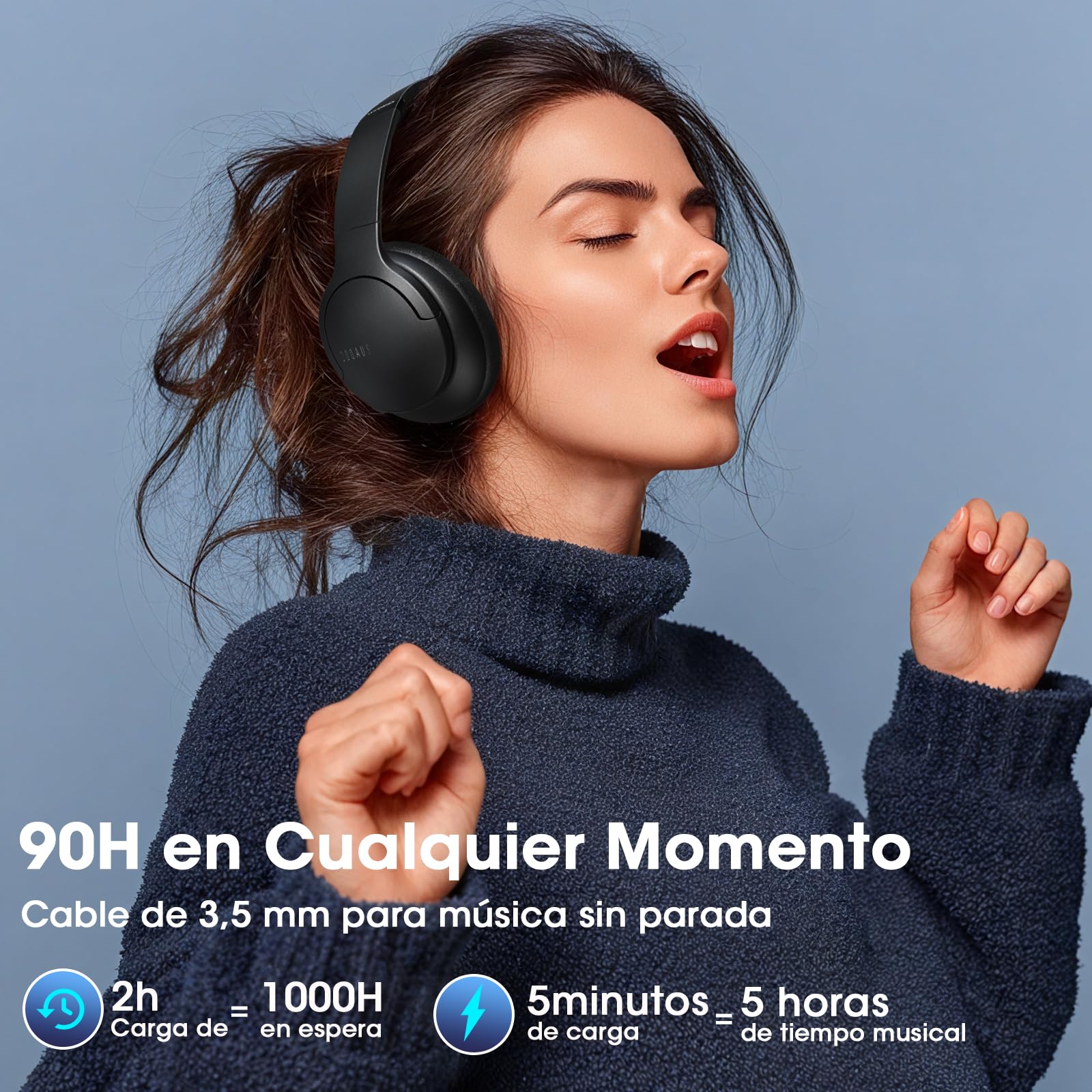 DOQAUS Auriculares Inalámbricos Bluetooth Diadema, Cascos Inalámbricos Bluetooth con 90 Horas de Batería, App con 9 Modos EQ, Bluetooth 5.4, Sonido HiFi, Plegables con Micrófono, Negro