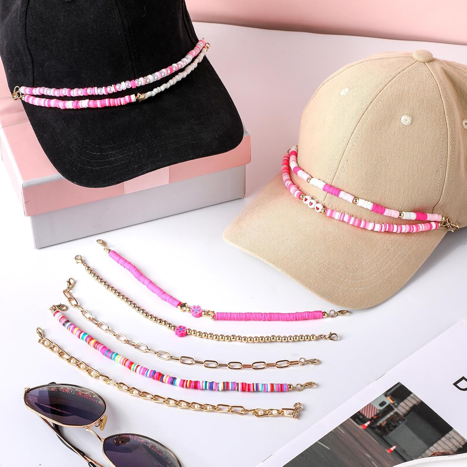 Geyoga 9 Pcs Trucker Hat Chains Trucker Hat Charms Women Man Bill Decoration Detachable DIY Metal Chain for Mesh Baseball Cap(Bright Pink,Bead Style) - Image 7