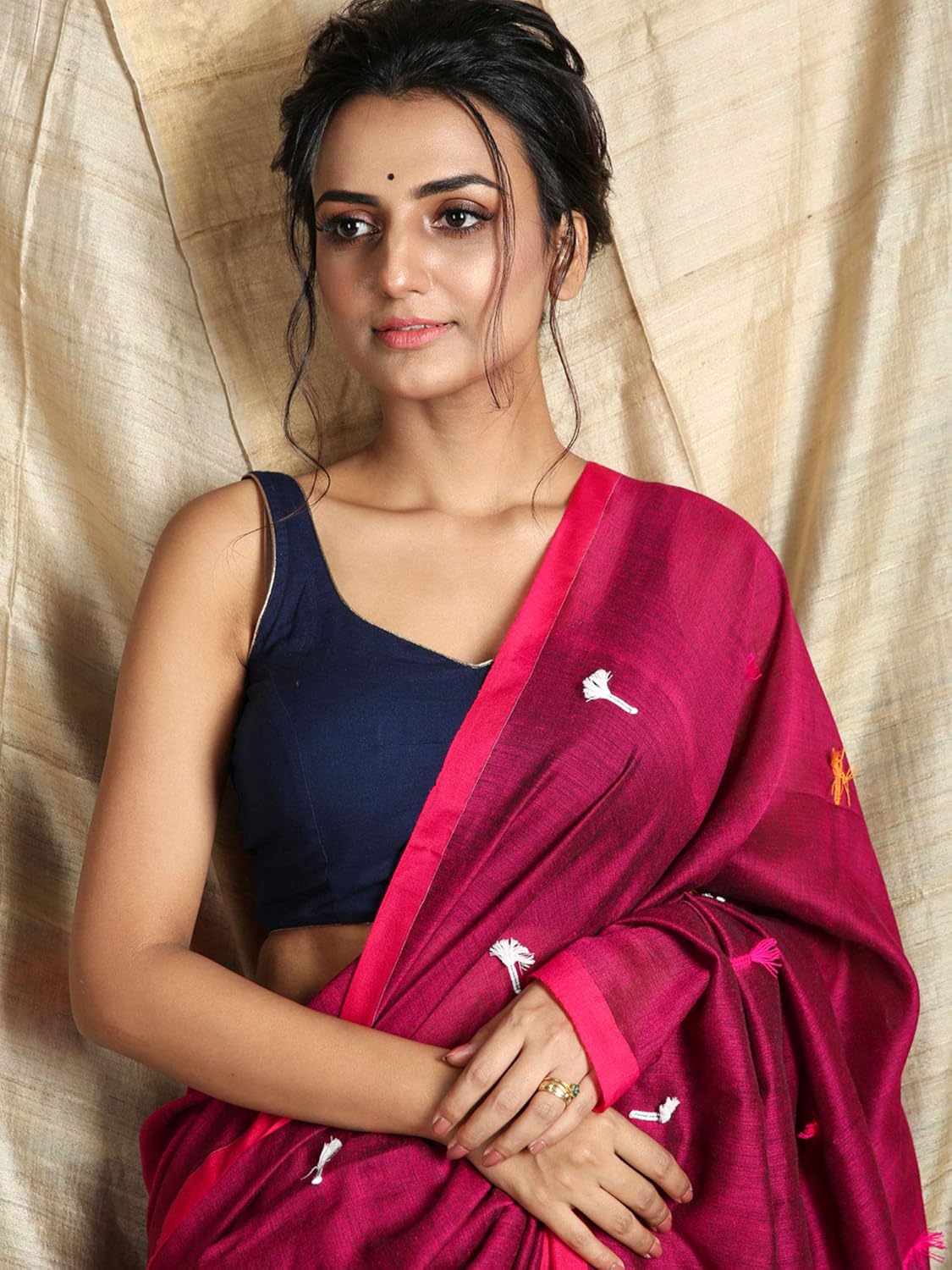 レディース ピュア コットン サリー ブラウス付き、ピンク、ワンサイズ