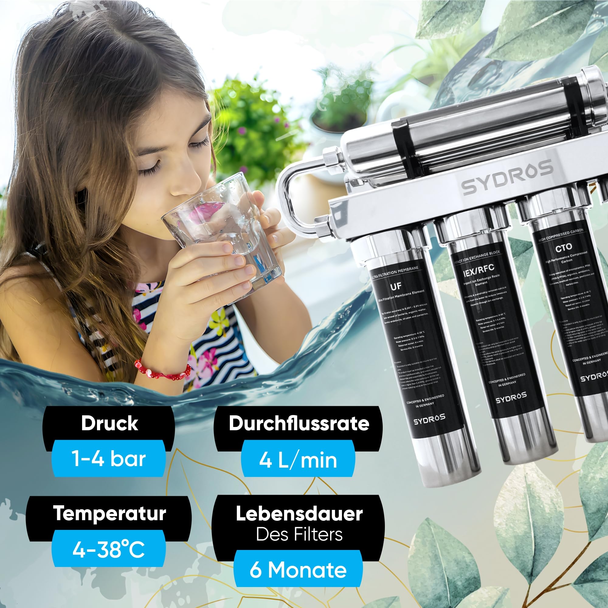 Sydros Optimus - Filtro dell'acqua a 5 livelli rimuove calcare, microplastica, PFAS e cloro, filtra 500+ sostanze nocive, filtro in linea ad alte prestazioni per acqua potabile cristallina in cucina e