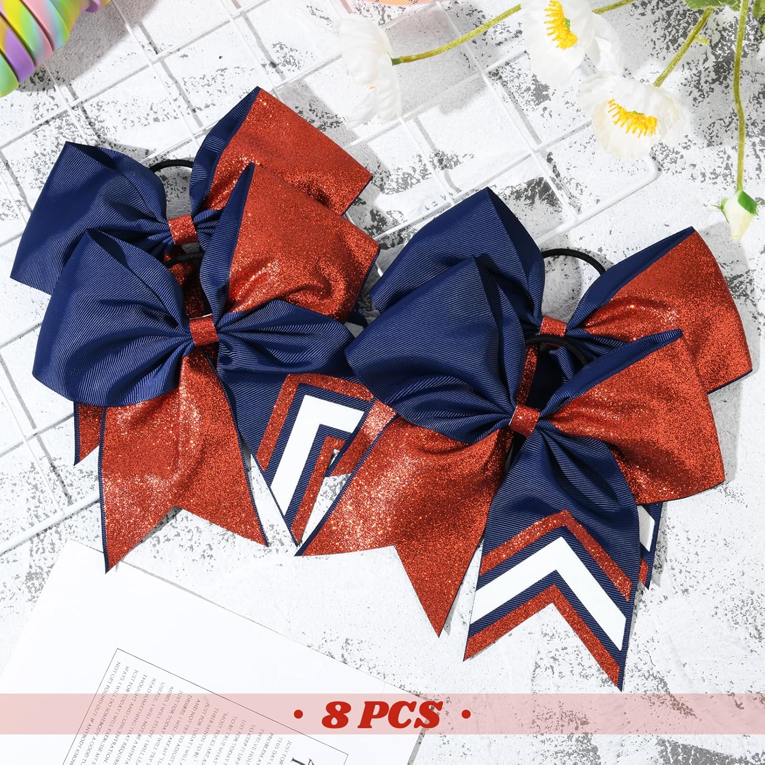 DEEKA 8PCS 8" Two Toned Large Glitter Cheer Bows Elastic Ties Hair Bows Ponytail Holder Handmade for Cheerleader Girls Softball Sports -g Red/Navy