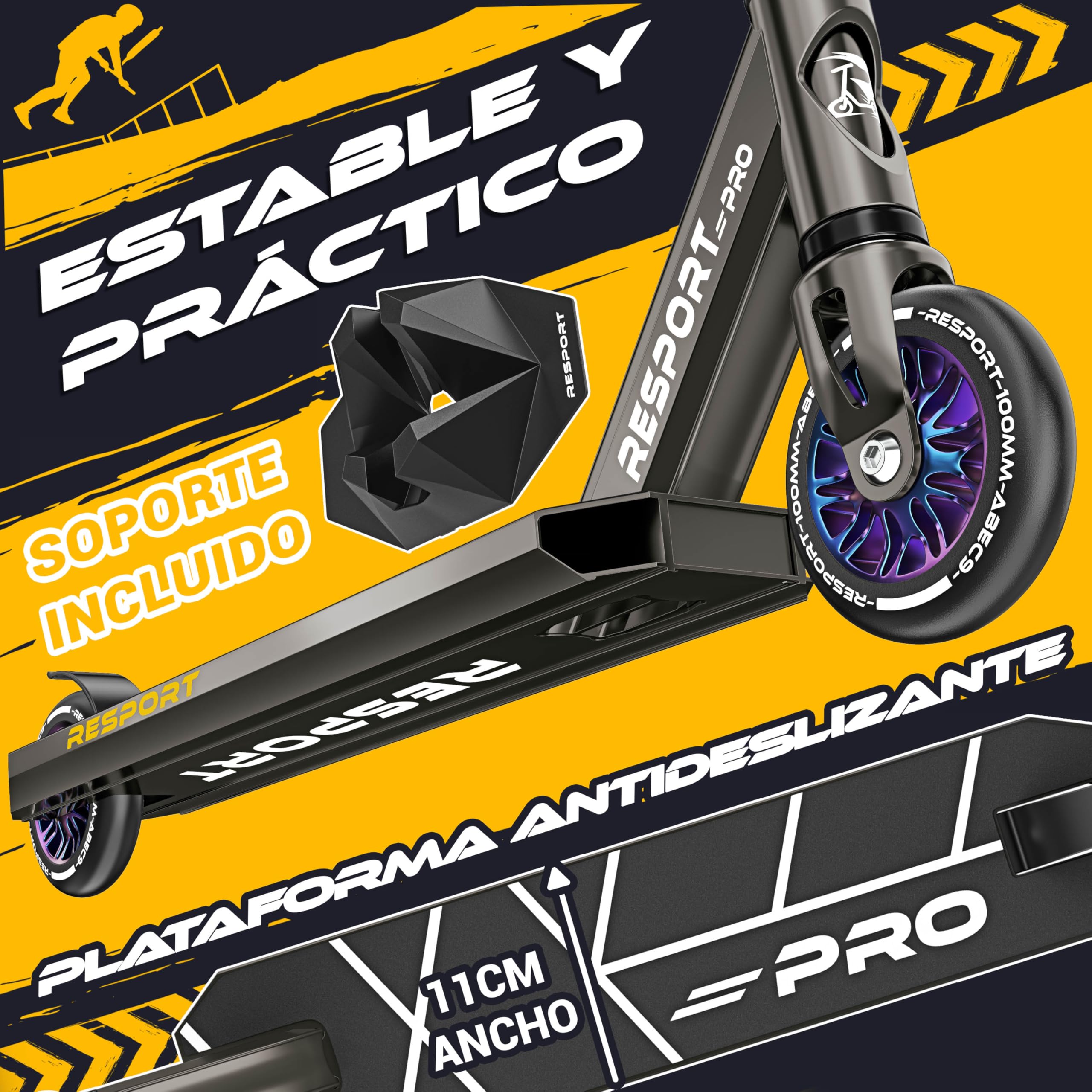 RE:SPORT Patinete de acrobacias Revo Pro para niños y adultos con soporte, patinete profesional de 110 mm, ruedas de poliuretano y barra en Y, patinete de acrobacias, patinete ABEC 9, rodamientos de