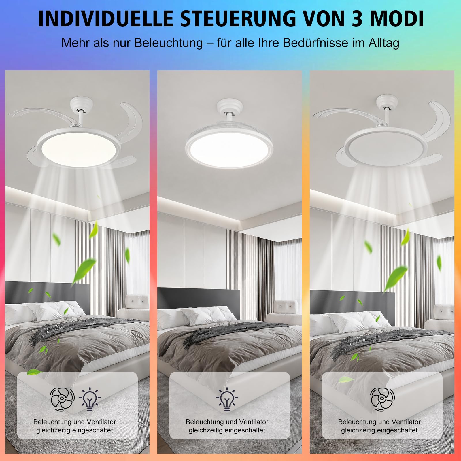 Oraymin Einziehbar Deckenlampe mit Ventilator 50CM, Reversible Ventilator mit RGB Backlicht, Fernbedienung und APP Steuerung