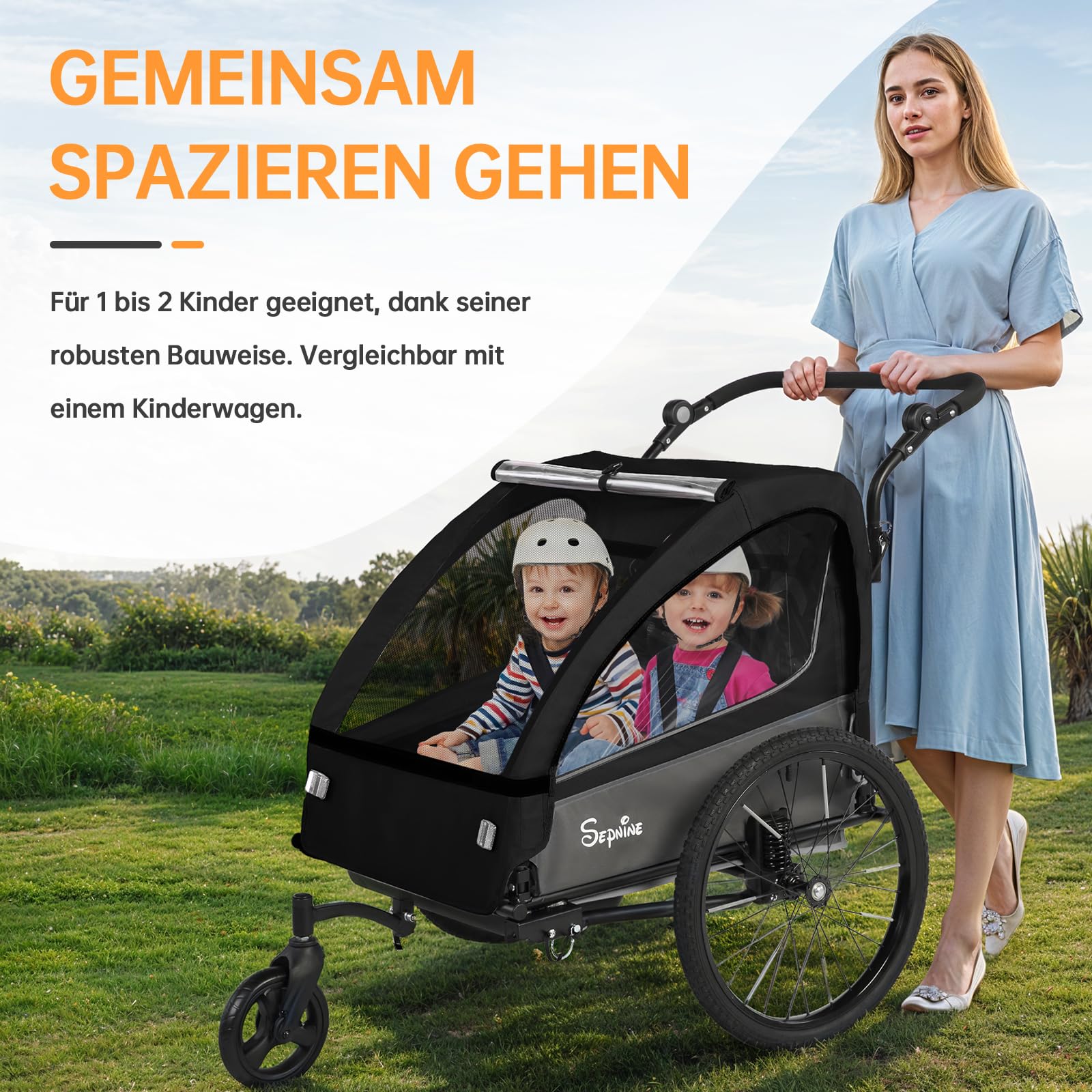 Remorque 2 en 1 pour Enfant avec Suspension pour 1 à 2 Enfants, remorque de vélo Pliable pour 2 Enfants, Poussette avec Grand Espace de Rangement, Fonction Jogging, réflecteurs