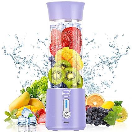 Personal Juicer, MIAOKE Portable Blender 17 Oz 6 Leaves High-Speed 304 Stainless Steel Blade 22000 R/Min 4000Ah Type-C Rechargeable 4-Grade power prompt With Portable Removable Cup Lid/Purple