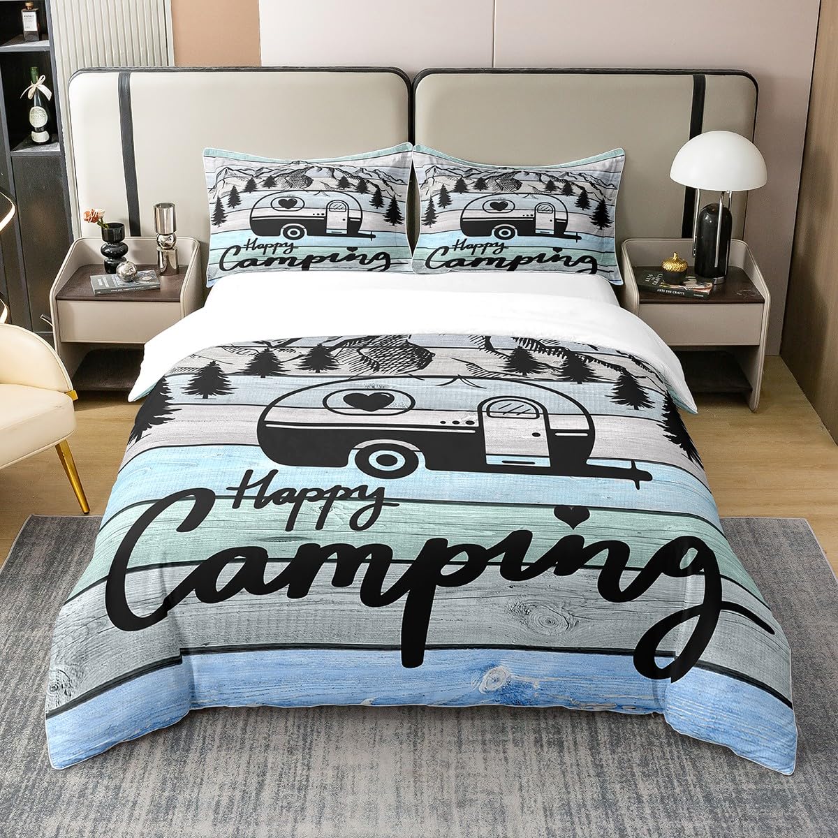 Loussiesd Set di biancheria da letto per camper Happy Campeggio, 135 x 200 cm, 100% cotone, per camper, auto, campeggio, in legno, colore blu, decorazione per ragazze, stile rustico