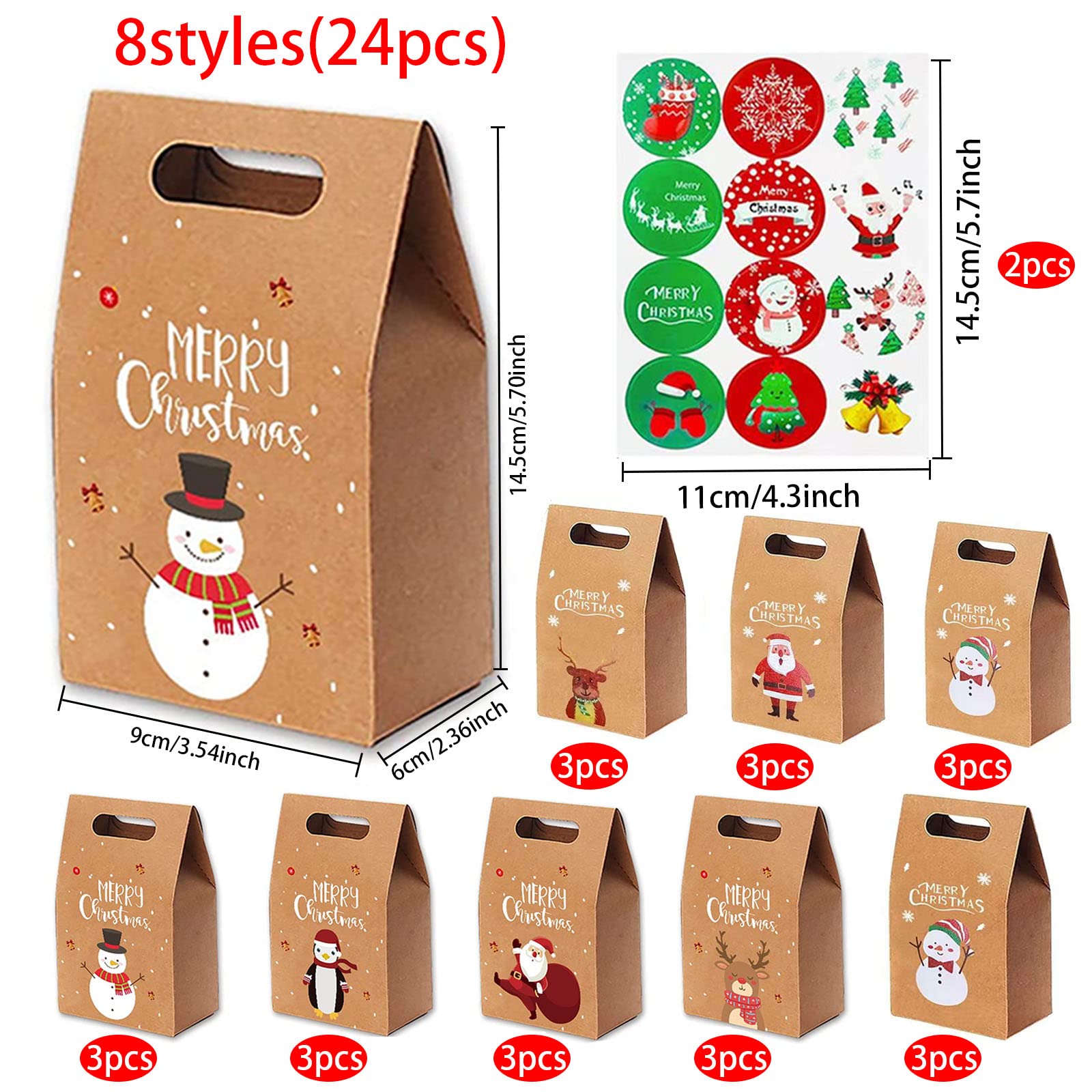 24 Weihnachts-Geschenktüten Aus Kraftpapier – 12,7x7,6x17,8 Cm, Mit Anhängern & Bändern