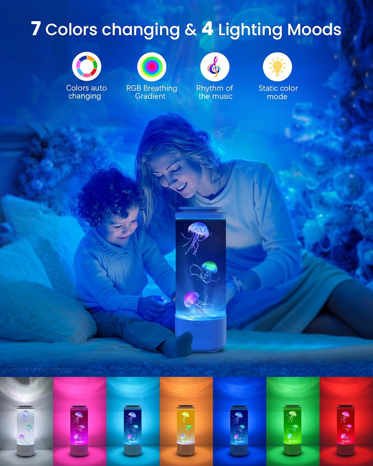 Jellyfish Lamp Bluetooth Speaker with White Noise – 7 Color Changing Jelly Fish Tank Aquarium Light, 4 Lighting Modes for Relax & Sleep, Home Office Bedroom Decor, Gift for Kids Teens Adults