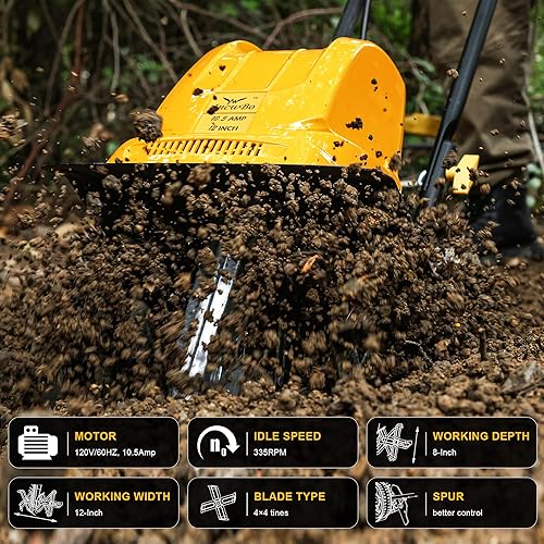 Miniatura 2 de Garden Rototiller - Cultivador eléctrico con cable de 12 pulgadas y 10.5 amperios, ruedas ajustables, profundidad de labranza de 8 pulgadas,
