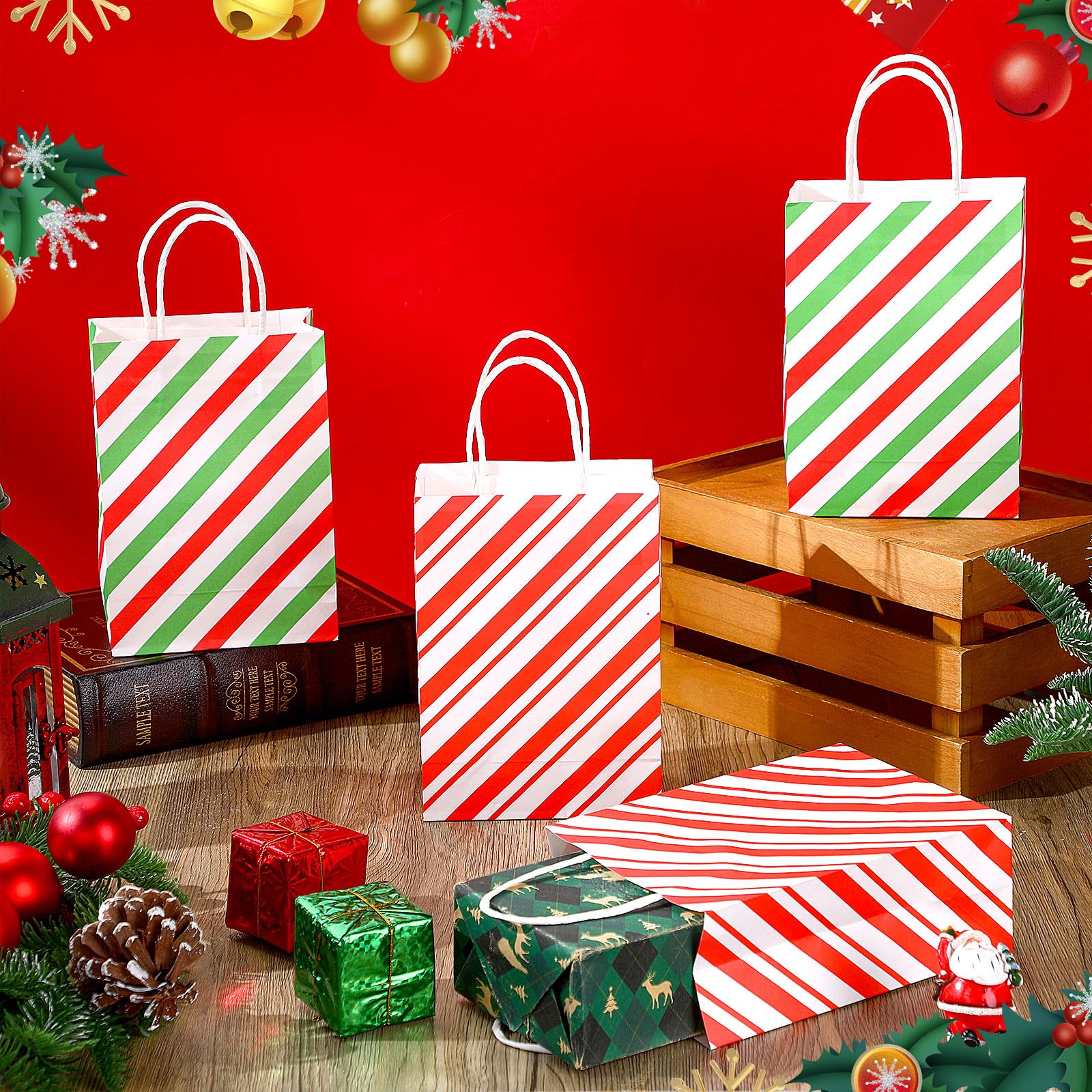 Mooliwe 100 bolsas de regalo de Navidad a granel, bolsas de regalo a rayas rojas y blancas con asa, bolsas de regalo de Navidad, bolsas de regalo a rayas rojas y verdes para suministros de fiesta de