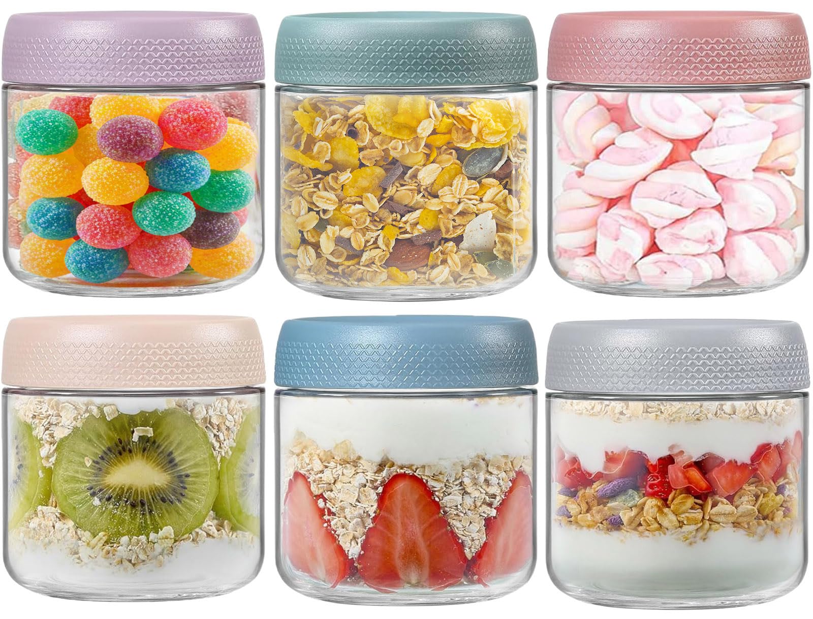 TempFoo Overnight Oats Jar Container set 6, 350ml Glass Mason Jars with Lids, Cereal Milk Vegetable Fruit Salad Jam Protein Porridge Clear Storage Containers, Breakfast Pots with Lid
