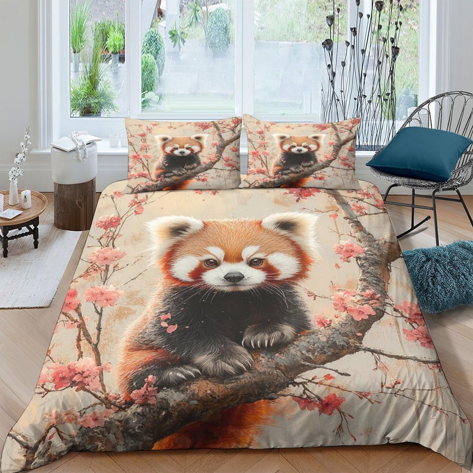 GPLZQXKJNH 3D Printed Red Panda Blossom Duvet Cover Microfiber Soft Breathable Forest Animal Quilt Cover Set with 2 Pillowcases for Bedroom Decor Single（135x200cm）