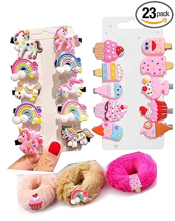 Aliza 20 pcs Rainbow Ice Cream Hair Clips Set Baby Hairpin For Kids Girls Toddler Barrettes and 3 pcs Icecream Fur scrunchies Hair Accessories