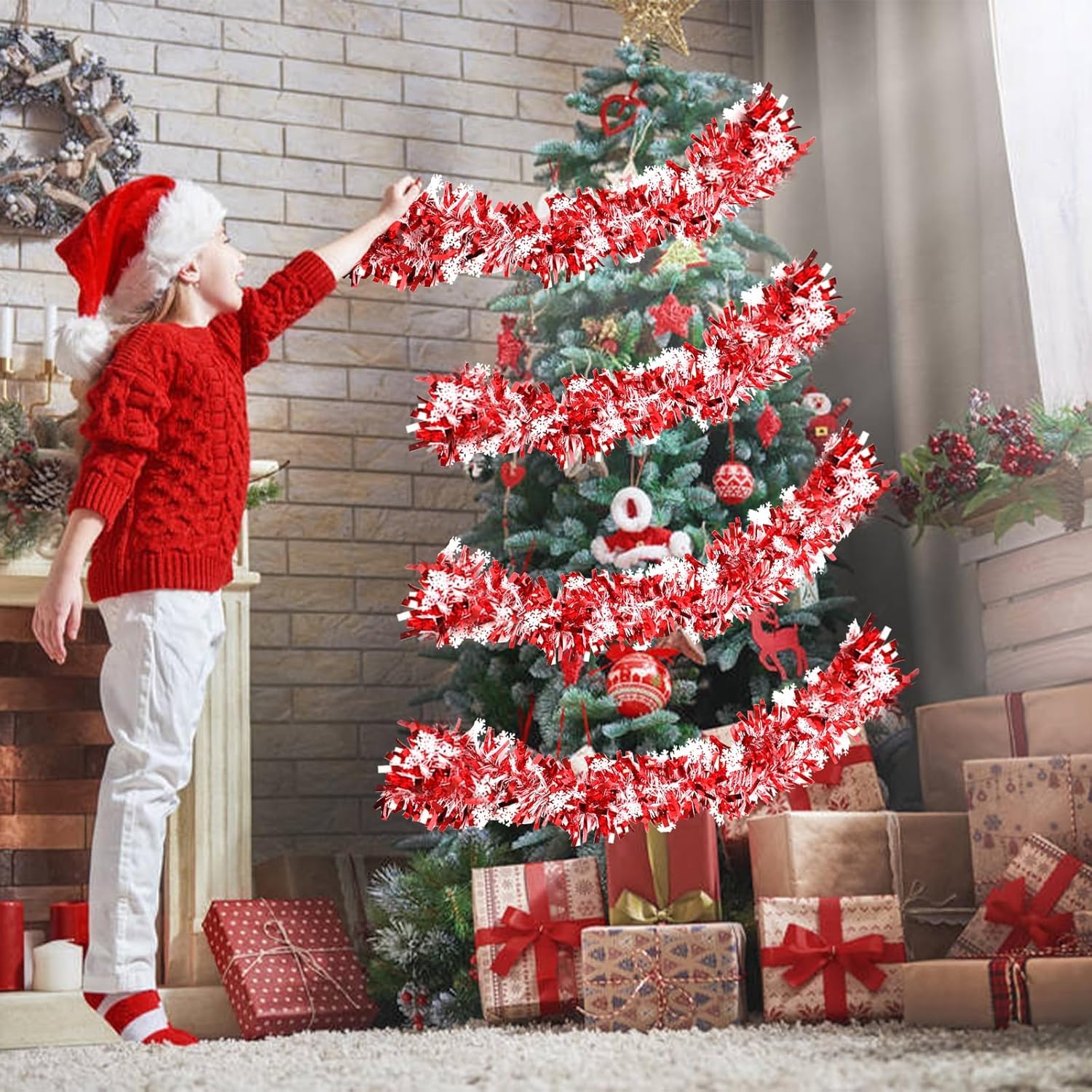 Guirlande De Noël Rouge Et Blanche DERA YEE - 10 Mètres, Largeur 9 Cm, Ornements Flocons De Neige, Pour Sapin Et Déco - 5