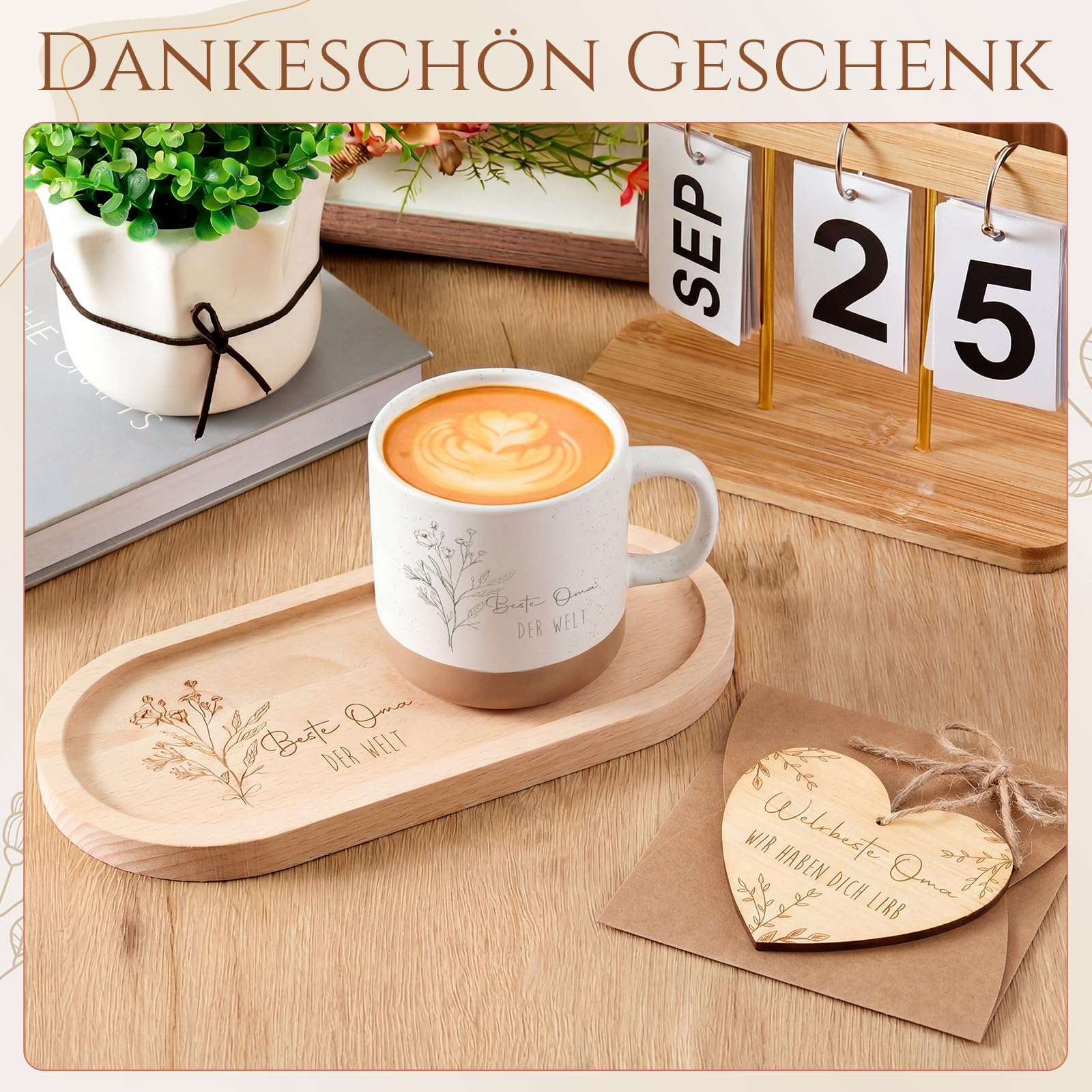 Geiserailie Oma Geschenke Beste Oma Der Welt Holztablett mit Gravur Tasse Herz Holzschild Anhänger Umschlag Geschenk für Großmutter von Enkel zum Geburtstage Weihnachten Jahrestag Muttertag