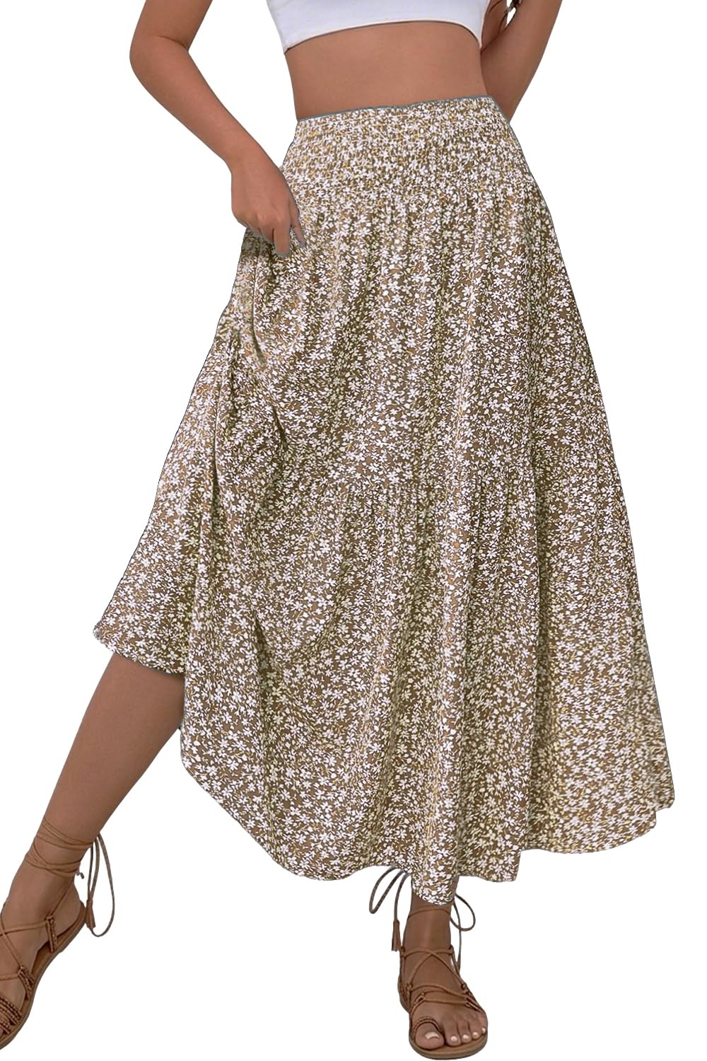 Womens Boho Maxi Skirt Floral Printed Smocked High Waist Long Skirts with Pockets Flowy Ruffle A-Line Summer Beach