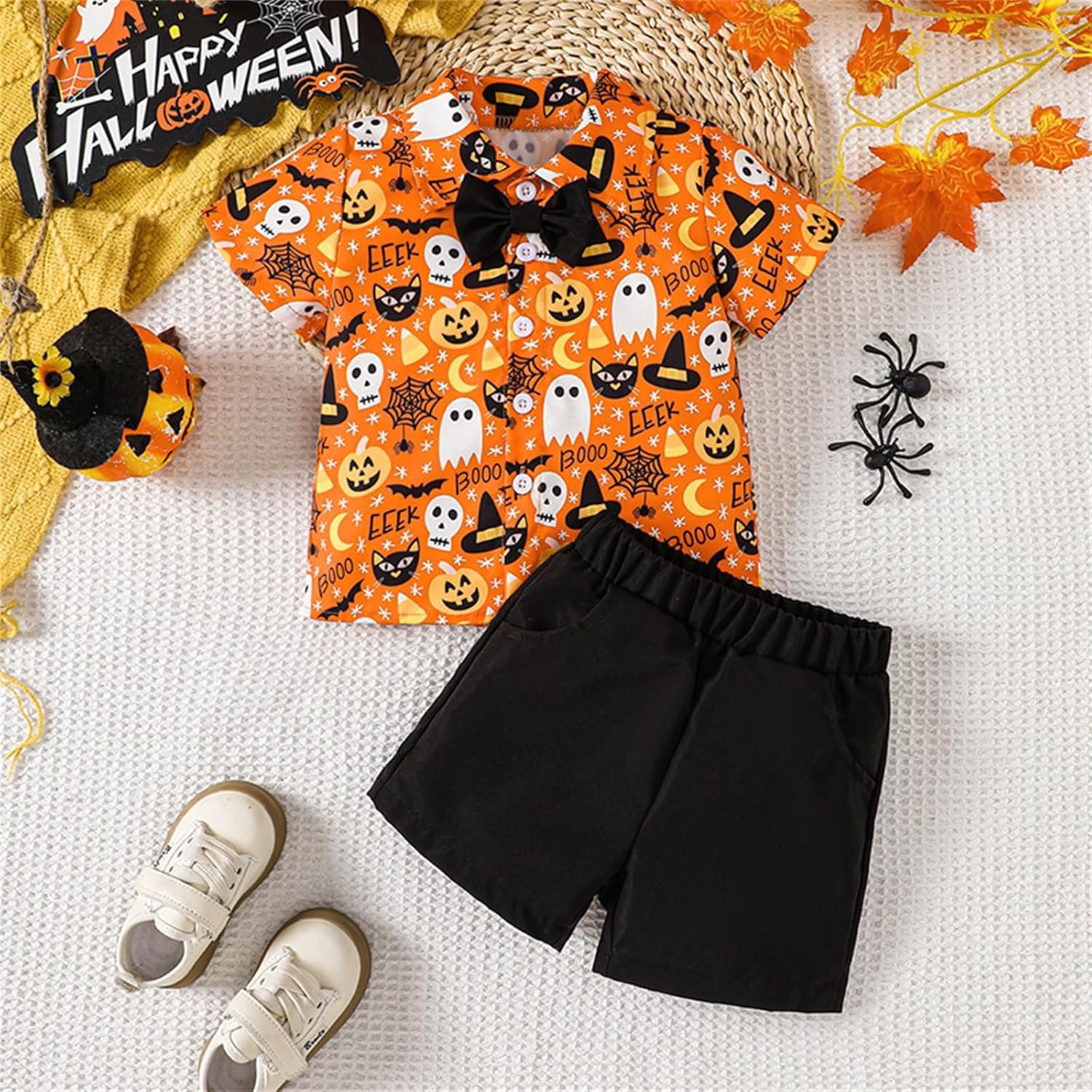 Rtnnsbbfcm Toddler Baby Boy Halloween Outfit Short Sleeve Bow Tie Pumpkin Ghost Button Down Shirt Top Shorts 2Pcs Set - Image 2