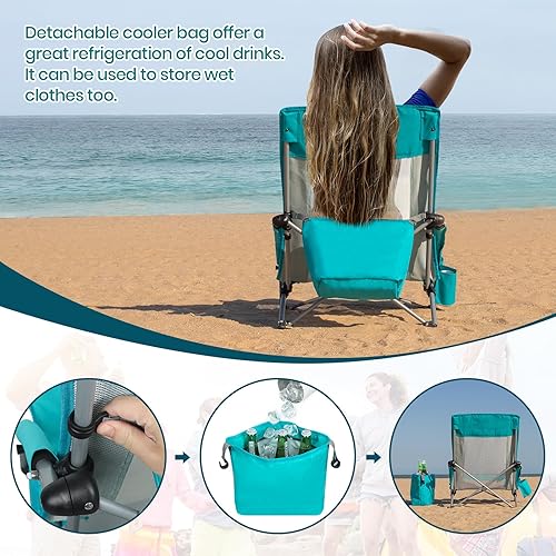 Miniatura 7 de XGEAR Silla de playa plegable de respaldo alto con bolsa enfriadora desmontable, respaldo alto de malla, silla de arena para playa, césped,