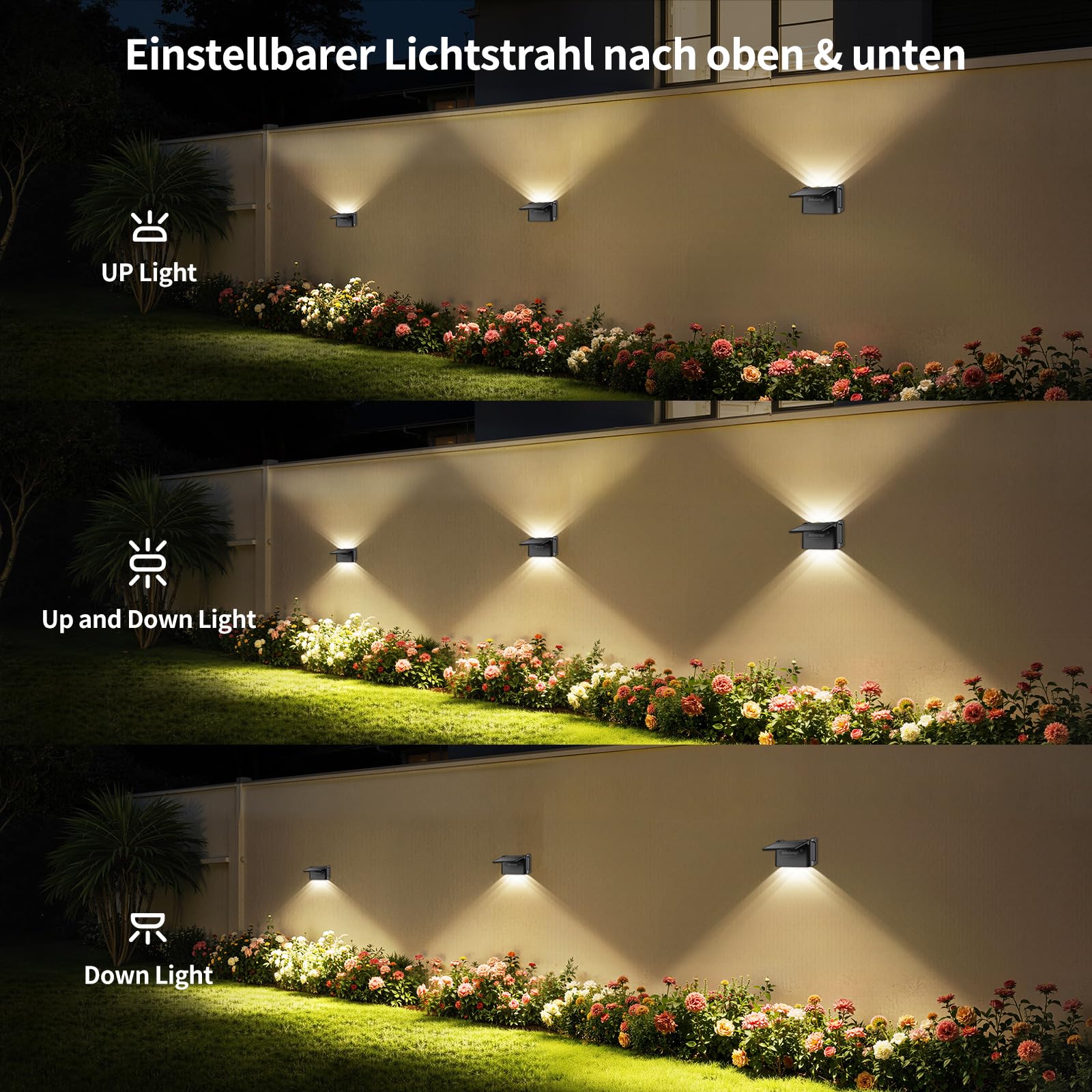 INTELAMP Solar Wandleuchten für Außen Garten Up und Down 3 Farben, 4-Stück | IP65 Wasserdicht Solarleuchten mit Fernbedienun, für Deck Porch Zaun Hof Garten hausnummer