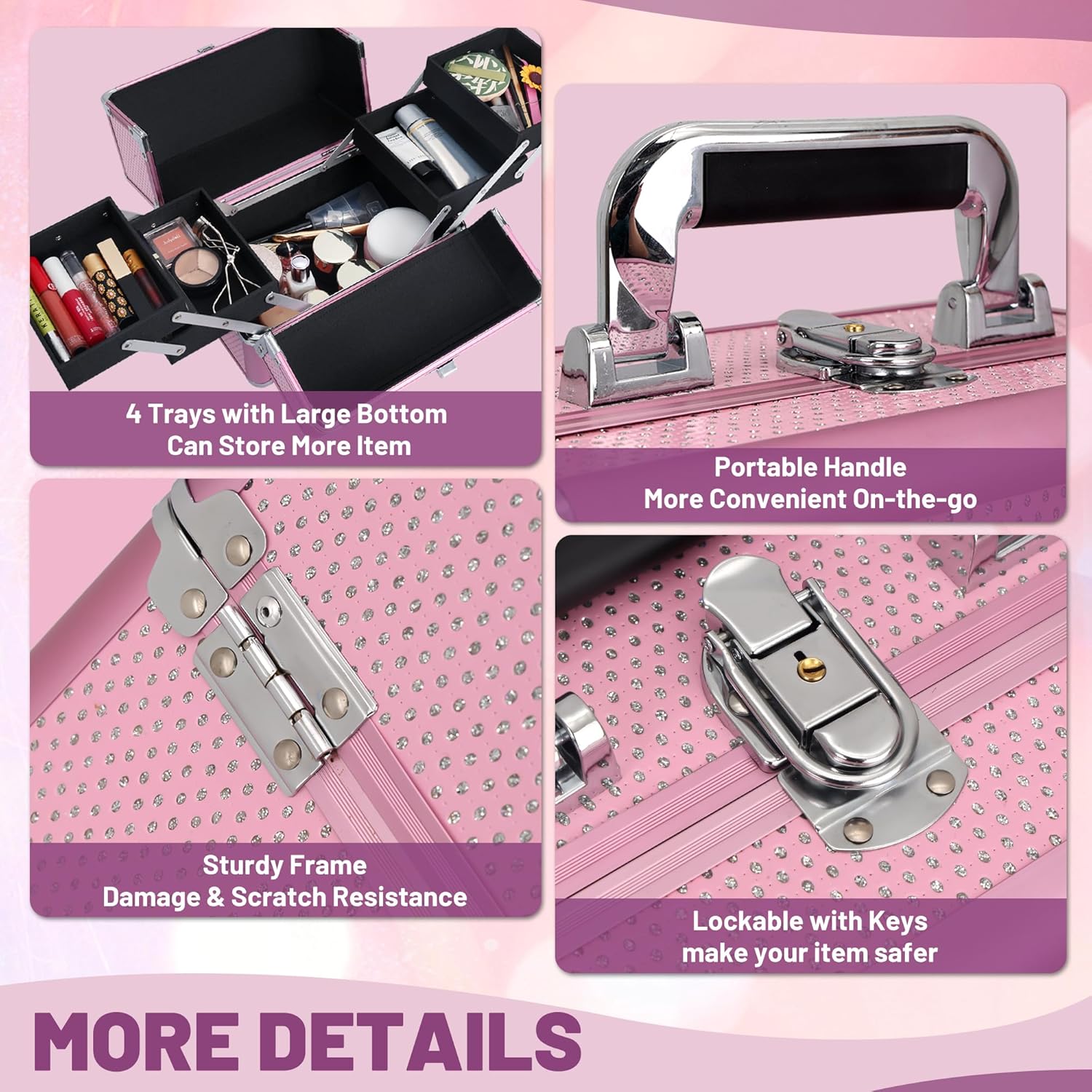 Makeup Train Case Cosmetic Organizer Case Makeup Box Portable Make Up Artist Travel Case with 4 Trays Dividers Lockable Hard Train Case Nail Tech Supply Storage - Crystal Pink