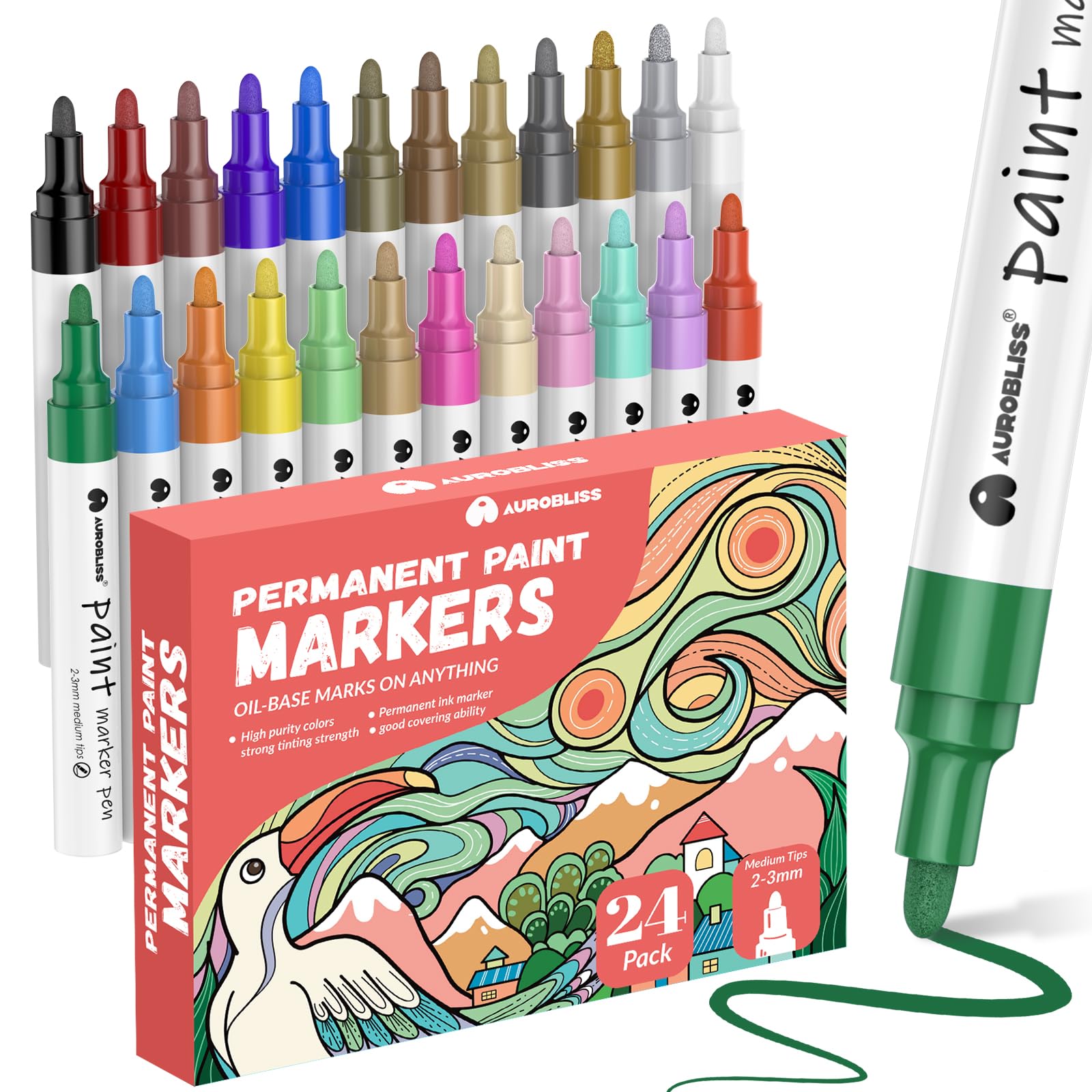 Aurobliss Paint Markers Coloured 24, Oil Based Permanent Marker Pens for Plastic, Fabric, Wood, Metal, Stones, Canvas, Glass Waterproof Outdoor Paint Pens