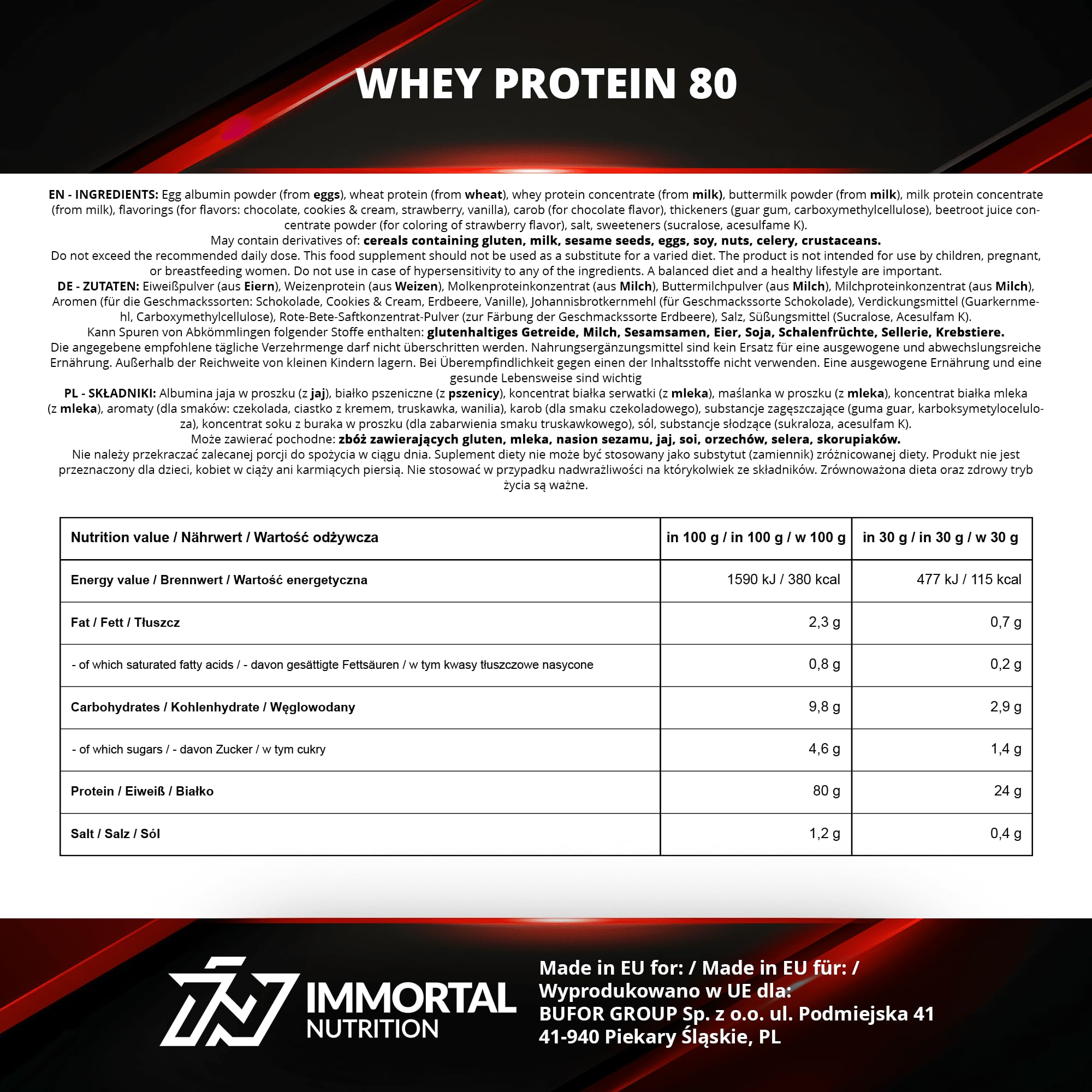 IMMORTAL NUTRITION Białko serwatkowe w proszku 2250 g - 80% białka na porcję Multi Protein z białkiem serwatkowym, jajecznym, mlecznym i pszennym - 24 g białka na porcję – Wanilia